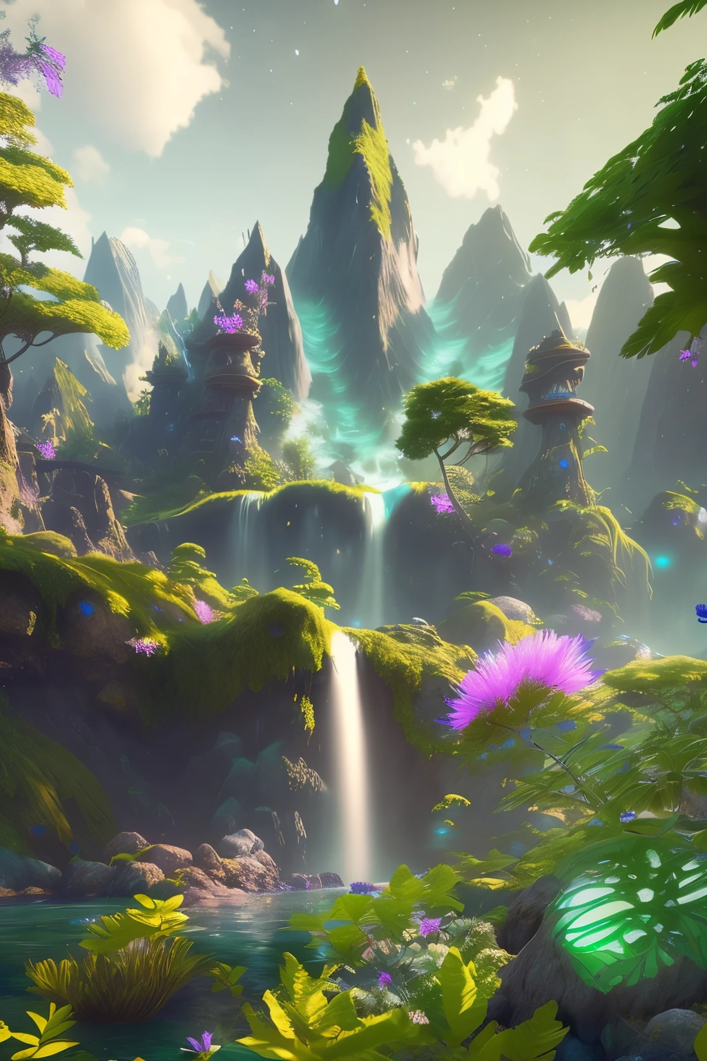a view of a waterfall with a mountain in the background, fantasy style 8 k octane render, epic dreamlike fantasy landscape, impressive fantasy landscape, lush alien landscape, 8 k landscape render, unreal engine fantasy art, fantasy magical vegetation, 3d rendered matte painting, realistic fantasy render, beautiful render of a landscape, avatar landscape, fantasy overgrown world, beautiful land, High resolution, Hyper Resolution, HD, Glistening, Bioluminescent, Cinematic, Studio, Ray Tracing, extremely detailed, insanely detailed, Mythical scenery, beautiful tree's, Colorful flowers, Water flowing,