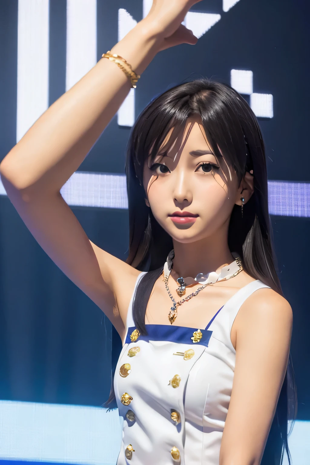 (((pixel perfect, Perfection with attention to detail))), alone, 1 girl, Chihaya Kisaragi, stage, Idol, bare shoulders, necklace, looking at the viewer, :d, break (flat chest:1.2)