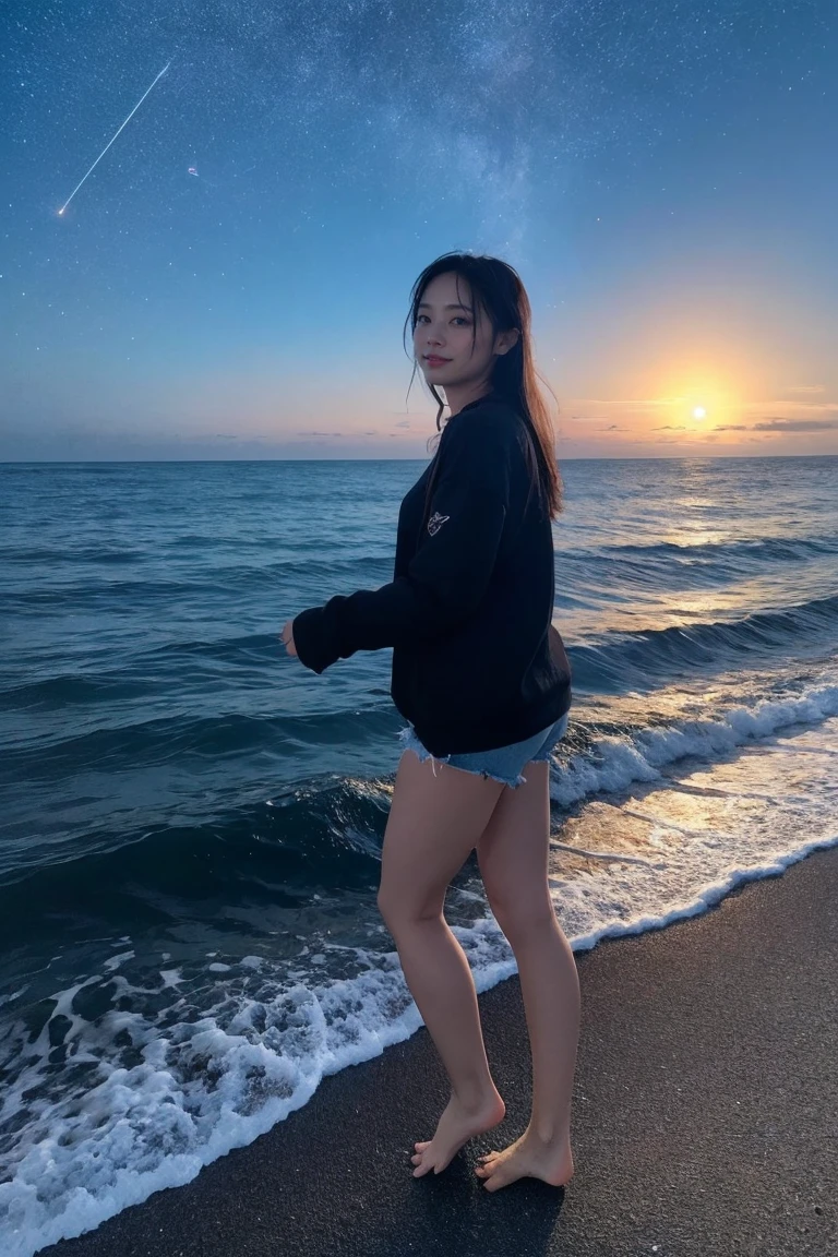 ((masterpiece, highest quality)), At night, lightly dressed, girl, Put one foot in seawater with just the toes, girl standing, girl sideways, girl between the horizon and the sea, Viewed from the side, Ripples spreading from the toes, The site is approximately 20 meters away, on the sea, At night, The whole scene is shining, There is a meteor shower