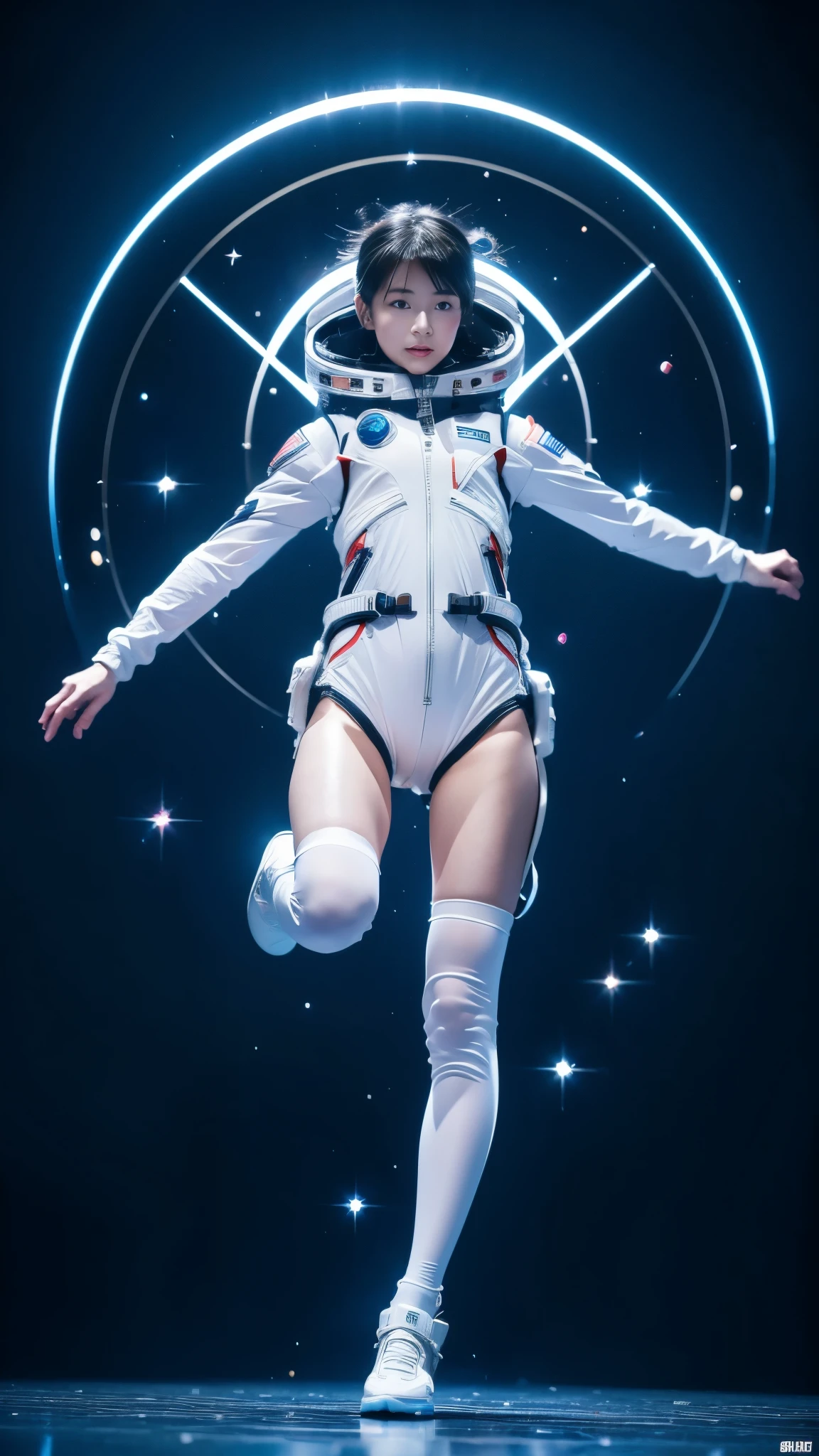 high resolution, ultra-detailed, 1girl, in spacesuit, seen from above, cosmic space, floating, satellite, running pose, Look at the audience, sparkling, space background, meat leg, white stockings, full-body shot, (masterpiece:1.4), 8K