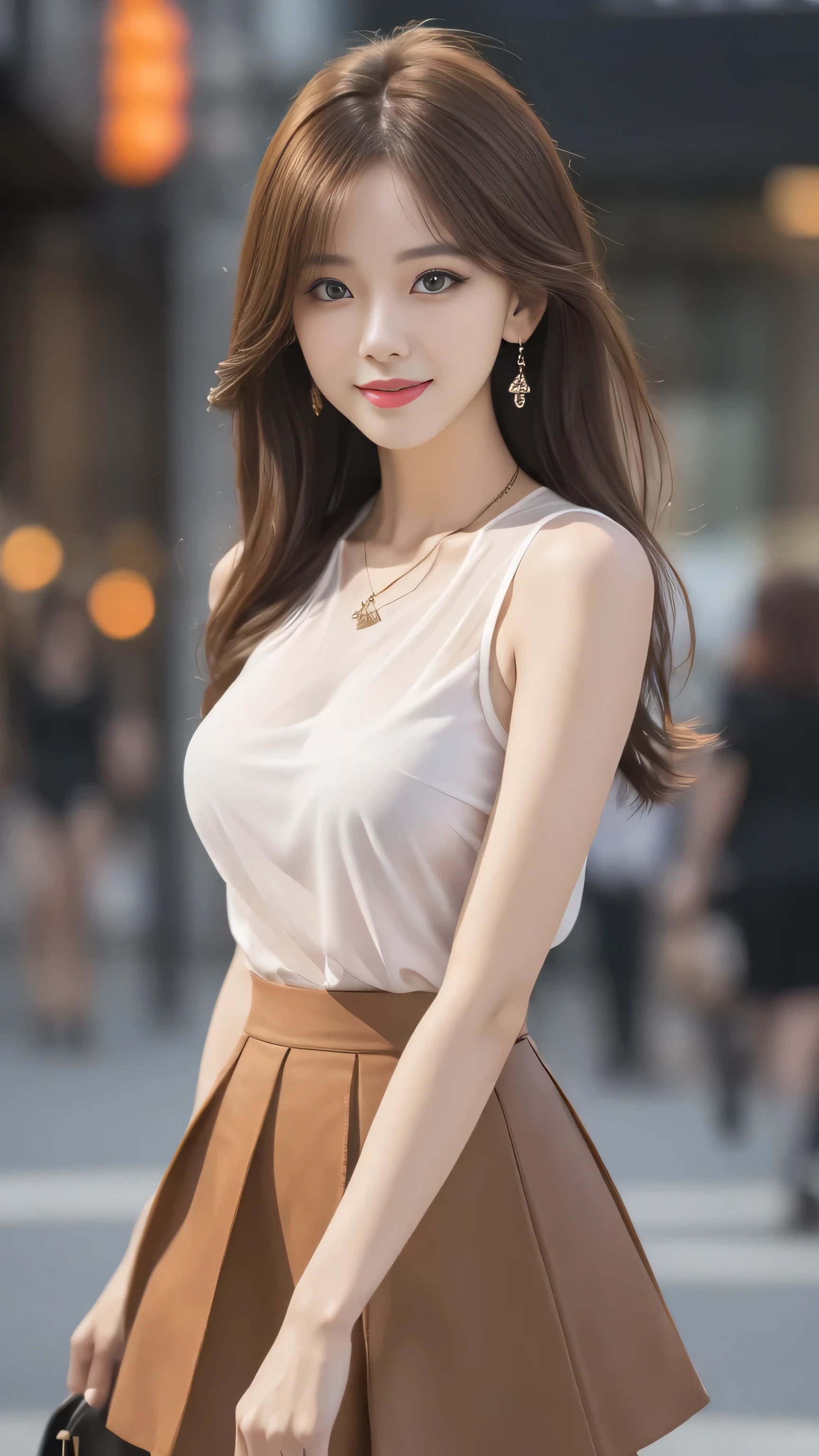 8k, masterpiece, RAW photo, best quality, photorealistic, extremely detailed CG unity 8k wallpaper, Depth of field, Cinematic Light, Lens Flare, Ray tracing, (extremely beautiful face, beautiful lips, beautiful eyes), intricate detail face, ((ultra detailed skin)) 1girl, in the dark, deep shadow, pretty korean girl, kpop idol, 1 girl, (very slim slender fit-muscled body:1.3), ((looking at viewer)),(big smile:1.3), (tight laced blouse), (olive color blouse), (sleeveless) , (fashion city night, dark night, (neon sign), (blurred background), fashion street night),(without people in the background:1.3), beautiful earrings, bracelets, necklace, pantyhose, clear eyes, walking, (pale skin), (big eyes), face forward, ((upper body shot)), ((skirt:1.3)),(brown hairs),((tan color tight fitting laced skirt)), (see through), (looking at viewer:1.3) open breast, very slim, thick thighs, busty, hermes bag , Cleavage