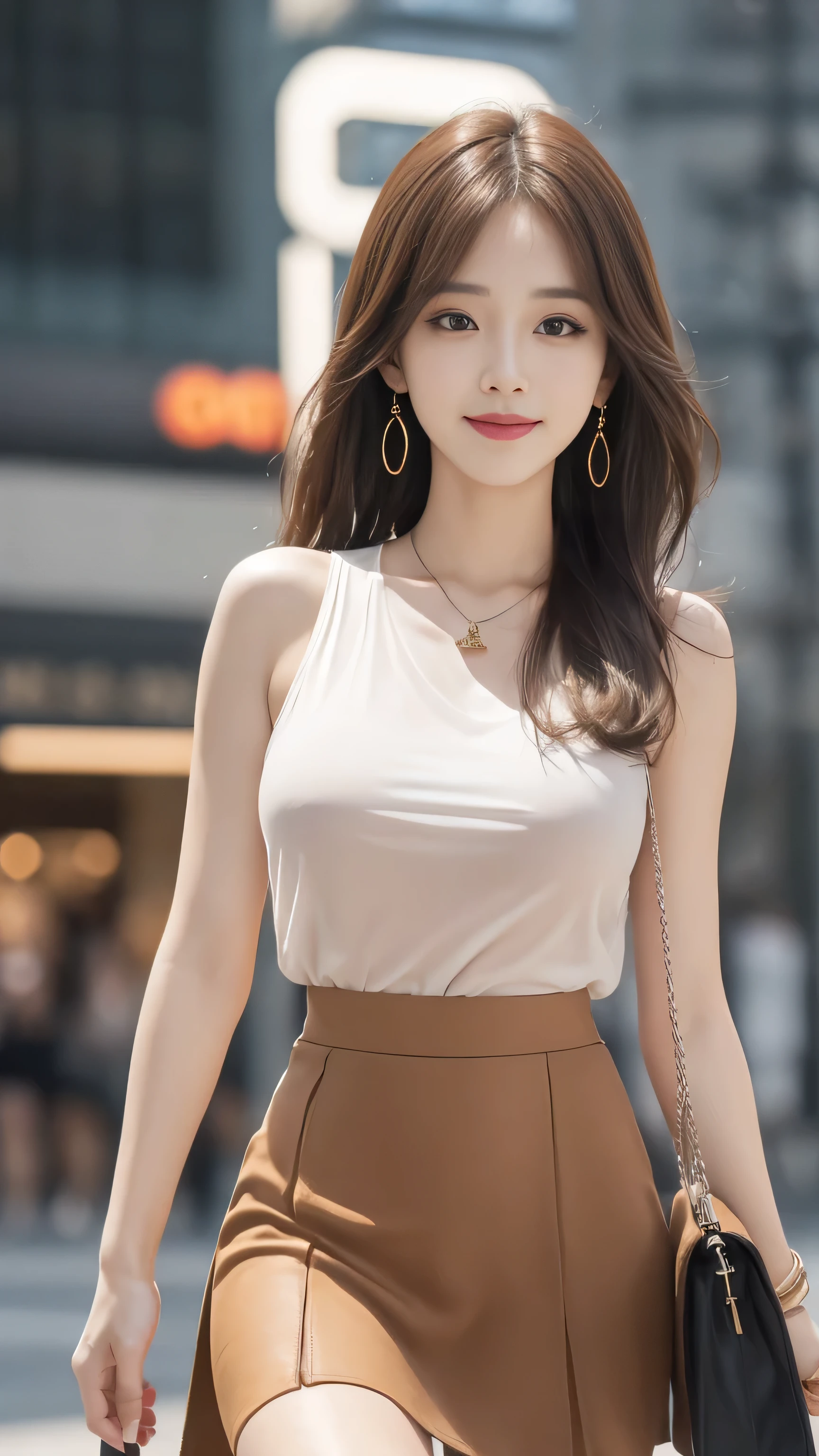 8k, masterpiece, RAW photo, best quality, photorealistic, extremely detailed CG unity 8k wallpaper, Depth of field, Cinematic Light, Lens Flare, Ray tracing, (extremely beautiful face, beautiful lips, beautiful eyes), intricate detail face, ((ultra detailed skin)) 1girl, in the dark, deep shadow, pretty korean girl, kpop idol, 1 girl, (very slim slender fit-muscled body:1.3), ((looking at viewer)),(big smile:1.3), (tight laced blouse), (olive color blouse), (sleeveless) , (fashion city night, dark night, (neon sign), (blurred background), fashion street night),(without people in the background:1.3), beautiful earrings, bracelets, necklace, pantyhose, clear eyes, walking, (pale skin), (big eyes), face forward, ((upper body shot)), ((skirt:1.3)),(brown hairs),((tan color tight fitting laced skirt)), (see through), (looking at viewer:1.3) open breast, very slim, thick thighs, busty, hermes bag , Cleavage