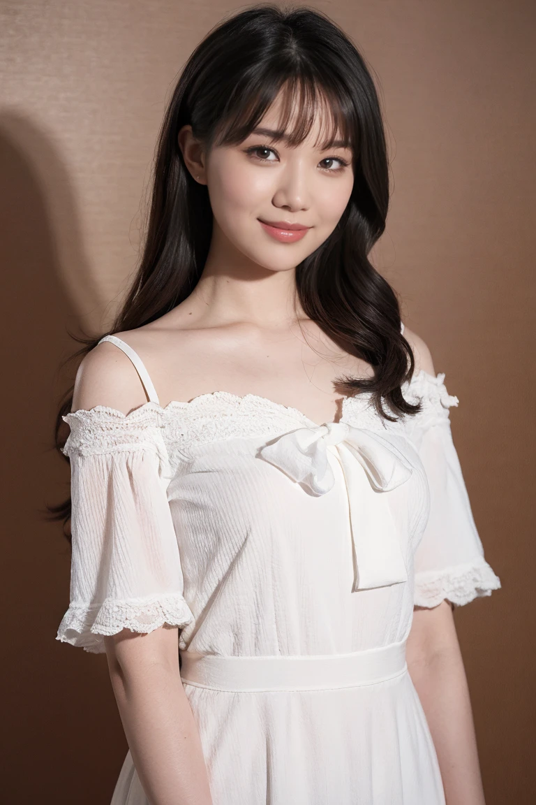 Medium view, medium shot, Depth of bounds written, bust, Upper body, cinematic angle, masterpiece, highest quality, Super detailed, cg, 8k wallpaper, beautiful face, delicate eyes, maiden, alone, smile, bangs, skirt, shirt, have, dress, bow, petal, bouquet