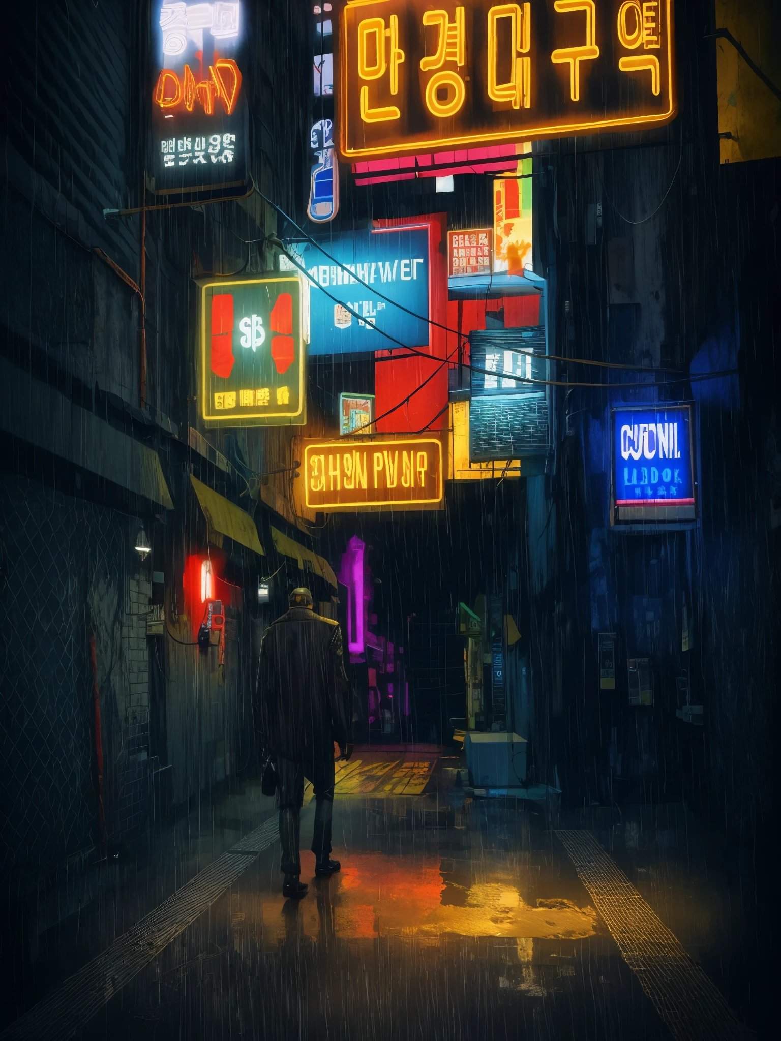 there is a man walking down a street in the rain, cyberpunk street, cyberpunk alley, in cyberpunk city, cyberpunk night street, cyberpunk street at night, cyberpunk streets at night, cyberpunk city street, neon rainy cyberpunk setting, rainy cyberpunk city, in a cyberpunk city, cyberpunk back alley, beaten city. neo noir style, at an cyberpunk city, at a cyberpunk city