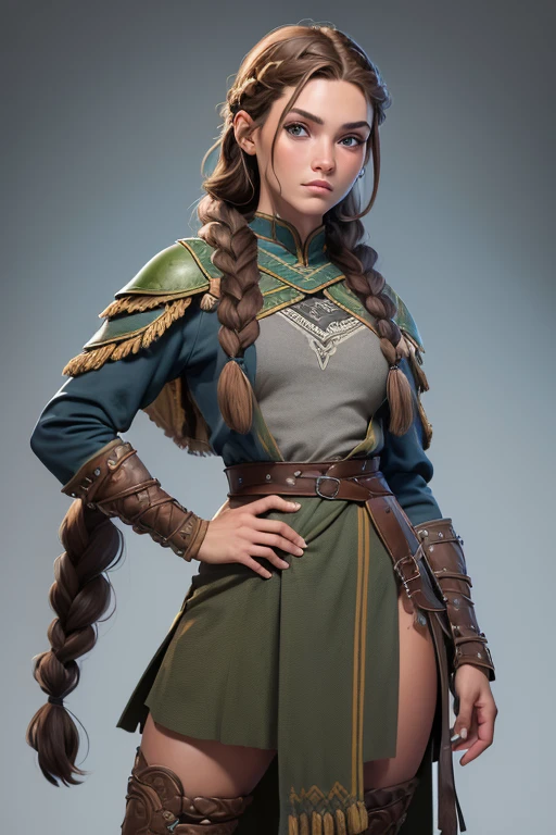 (Obra maestra, La mejor calidad) (young warrior woman of nordic descent), (ojos verdes), (Muscular), (falda de piel), (brown hair color),(loose hair with small braids on the scalp), (top con correa de cuero) plumas, capa sobre el hombro, bufas, (azul, gray and brown suit).