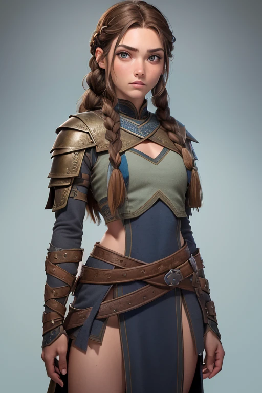 (Obra maestra, La mejor calidad) (young warrior woman of nordic descent), (ojos verdes), (Muscular), (falda de piel), (brown hair color),(loose hair with small braids on the scalp), (top con correa de cuero) plumas, capa sobre el hombro, bufas, (azul, gray and brown suit).