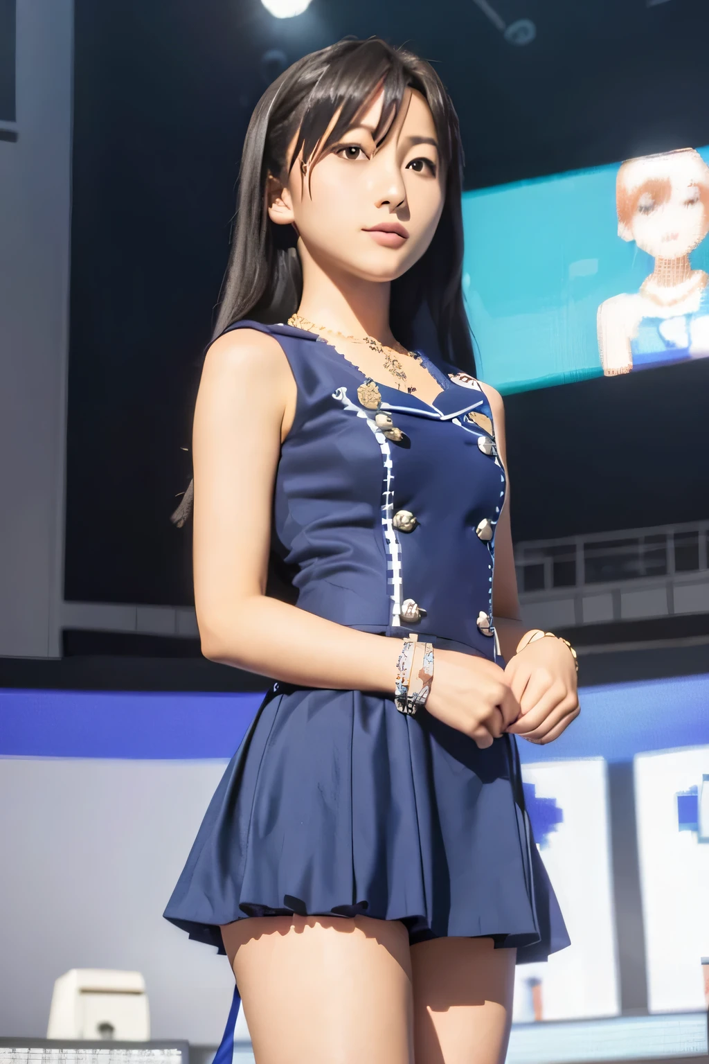 (((pixel perfect, Perfection with attention to detail))), alone, 1 girl, Chihaya Kisaragi, stage, Idol, bare shoulders, necklace, looking at the viewer, :d, break (flat chest:1.2)