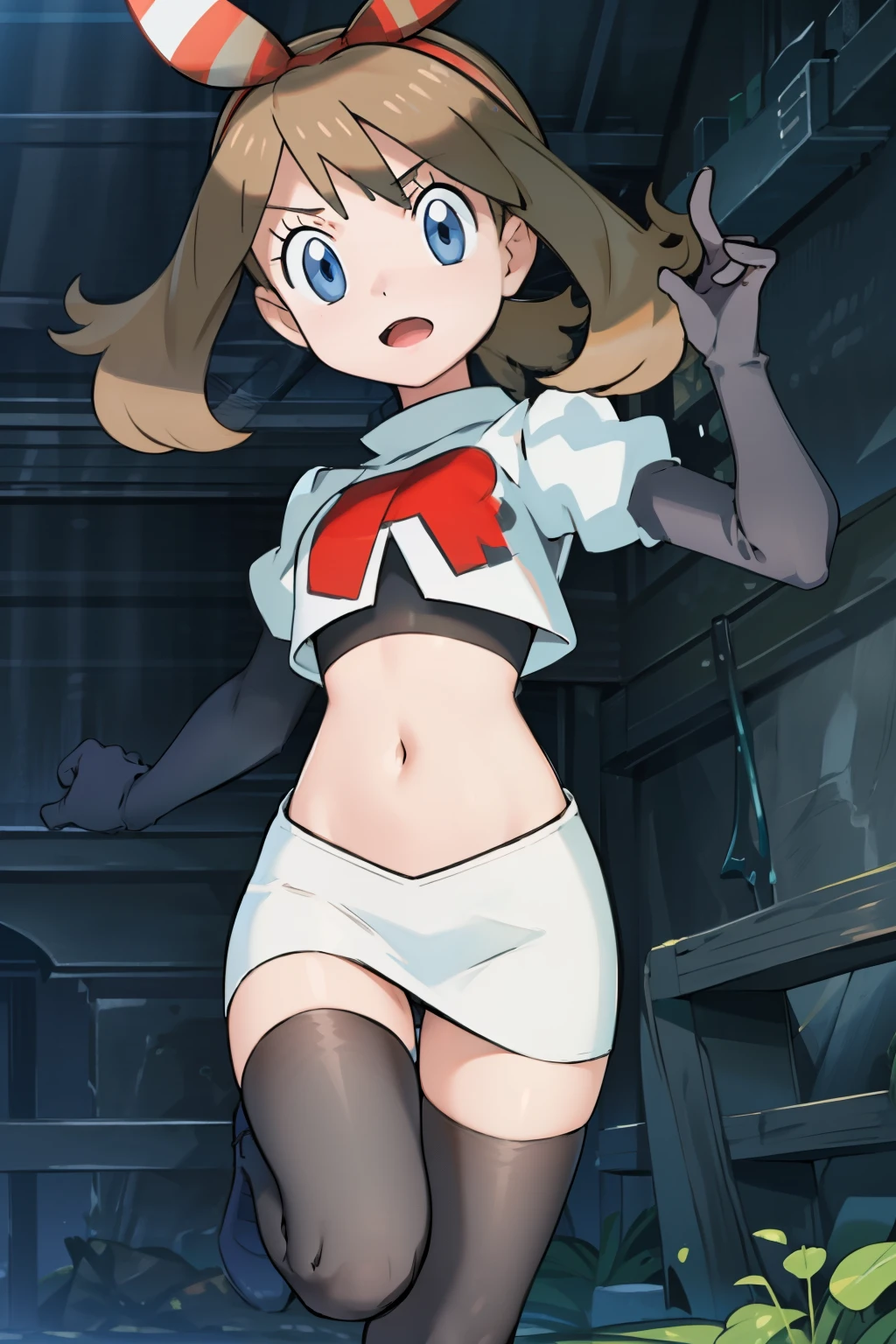 masterpiece, professional lighting, 1girl, adorable, expressive face,haruka_oras, solo, creative frame, creative shot, perfect lighting, best quality, masterpiece, light rays, (absurdres), perfect quality, hair bow, team rocket,team rocket uniform, red letter R, white skirt,white crop top,black thigh-highs,black elbow gloves