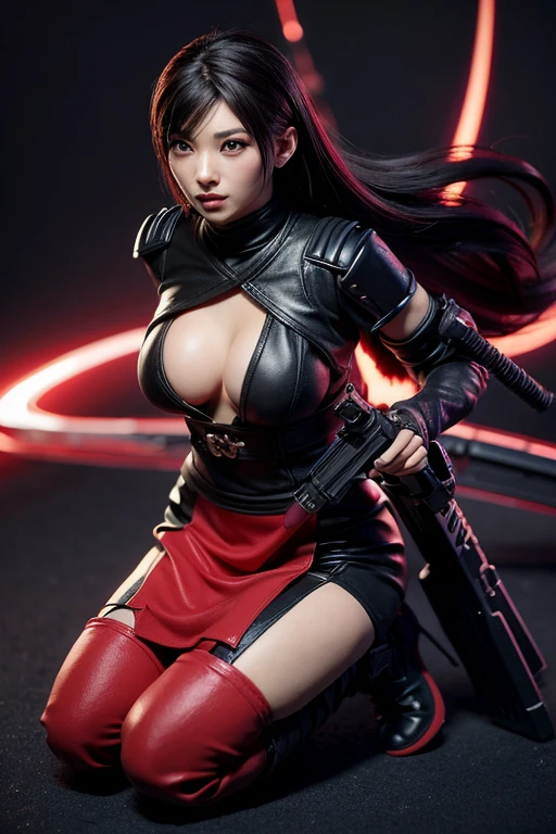 a women hijab dressed in a black and red outfit holding a gun, yayoi kasuma, full body xianxia, kunoichi, final fantasy character, glamorous tifa lockheart,