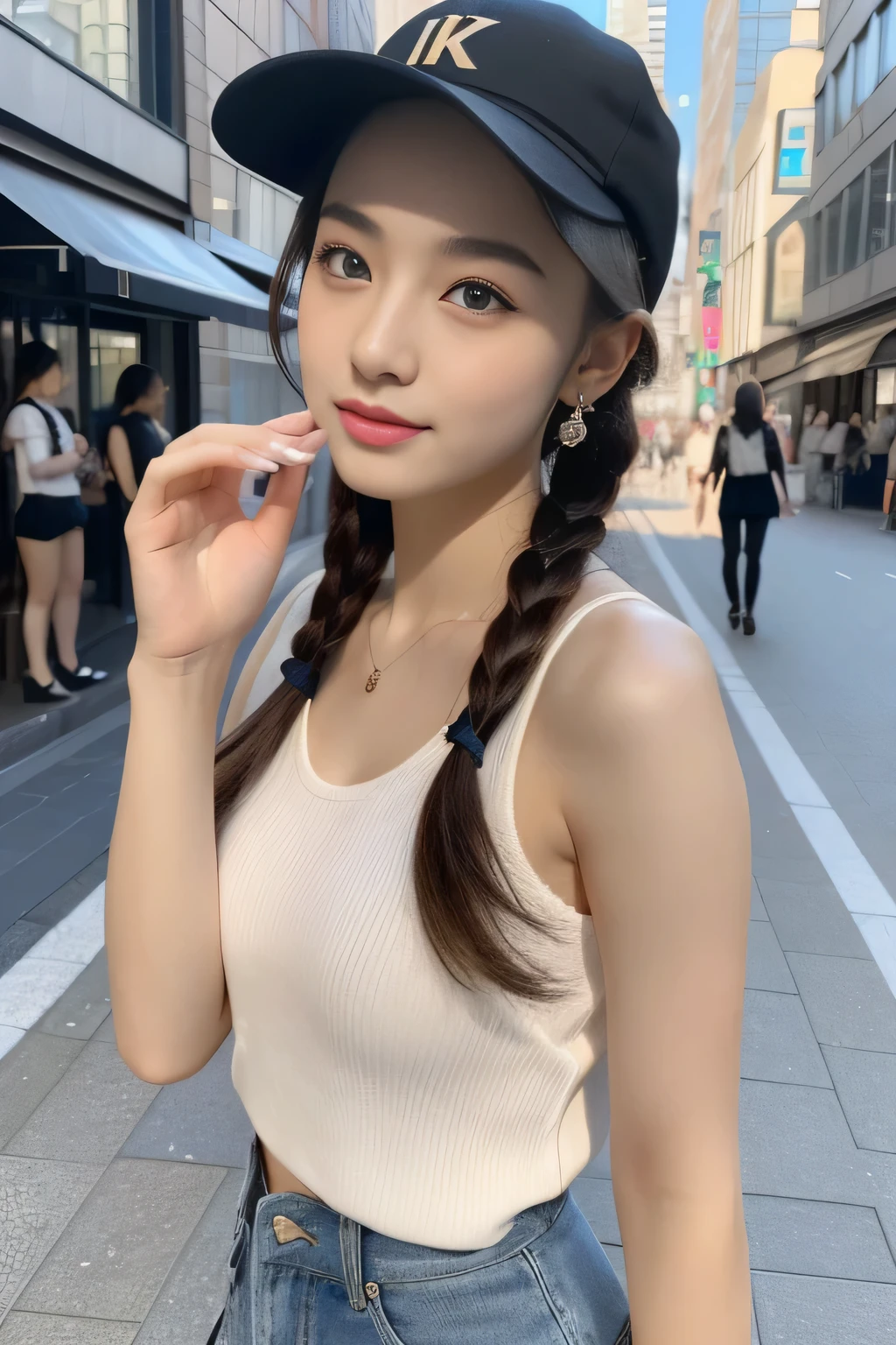 (((32K,very high resolution, high detail, Highly accurate, table top、girl 1,full body image))),RAW photo & realistic atmosphere,beautiful dark blue eyes,detailed mouth,glossy lips,thin eyebrows,detailed eyes、Soft white skin thave shines in every detail、Her deep blue eyes are so beautiful,detailed lips、very beautiful face,very well-shaped face、lifelike face,glossy beautiful lips,beautiful eyebrows,infinite reality,best design,(Insanely cute Japan 17-year-old high school girl,toned body,thighs thighs,thin legs,Beautifully shaped breasts,She's a very cute girl,:1.4),best natural makeup,Japanese ID,korean idol,Young sensual idol,Moist eyes,dark beautiful eyes,beautiful butt,美しいfeet,,camel'feet,:1.2),ultra high resolution、The face of a masterpiece with high detail,natural and realistic face,Backlight,Her pure eyes are too cute,(((photorealism,Take a full body photo))),,reality live action,(Earrings thave look fashionable,,necklace,bracelet,gyuru,shiny nail art:1.4),(((Street Jersey Fashion,Shortcut ponytail,have))),On the streets of Shibuya,laughter,