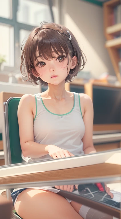  Troubled expression Raise hand Maki Horikita Beautiful girl  White tank top Navel exposed Beautiful legs Track and field appearance Club activities Japanese classroom Small breasts Slender short stature Short hair Brown hair Whole body visible Sitting on desk Composition seen from below 