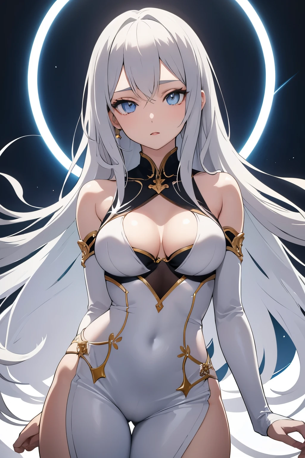 1girl, anime, cute girl, blank background, white background, fantasy, detailed dark fantasy dress with highlights, beautiful face, beautiful eyes, dark colors, silver hair, slightly small breasts, slight cleavage, beautiful skin, cute, breast curtains, extremely delicate and beautiful, (beautiful detailed face:1.0), (detailed deep eyes), symmetrical breasts, deep eyes, shiny skin, portrait, slender waist, hips wider than shoulders, thighs, young girl, expressionless, luminous eyes