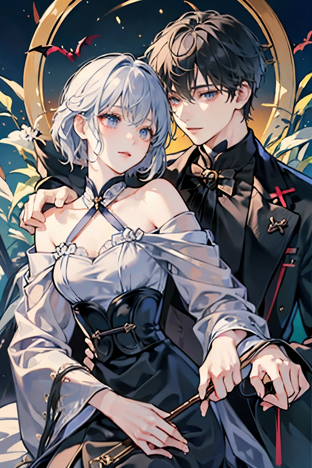 アニメのcoupleの抱擁, 1 male and 1 女, adult, adult face, human, (male: 前髪のあるwhite髪), fantasy, medieval masterpiece, highest quality, 1Other, ((male )), , different colors, fine eyes and detailed face, intricate details, wizarding world costumes, laughter, happiness, 優The beauty, like々The beauty, High level image quality、 美male子，beautiful girl，low length、Holding hands and hands、𝓡𝓸𝓶𝓪𝓷𝓽𝓲𝓬、Englishman, K-pop, professional photos, ((vampire)), Inspired by Shim Sa-jeong, 両性具有のvampire, :9 Detailed face: 8, very detailed顔, fine hair, ((black色の目)) ，((white色の目))，baggy eyes, very detailed, semi-realistic anime, vampire, hyperrealistic teen, delicate and androgynous prince, Princess, Short hair over the ears, Boy with a gentle smile,girl with a gentle smile， ((A little British with short white hair and black eyes.)), ((maleの子)), ((1 person)), ((長いblack髪のgirl))，((A little British with long black hair and white eyes. ))，((girl)),((1 person)),information，couple, girl1 person、maleの子1 person, 長いblack髪と銀色の目をした少女, 短い銀髪とblack色の目をした少年, Target color，white，black，cute
