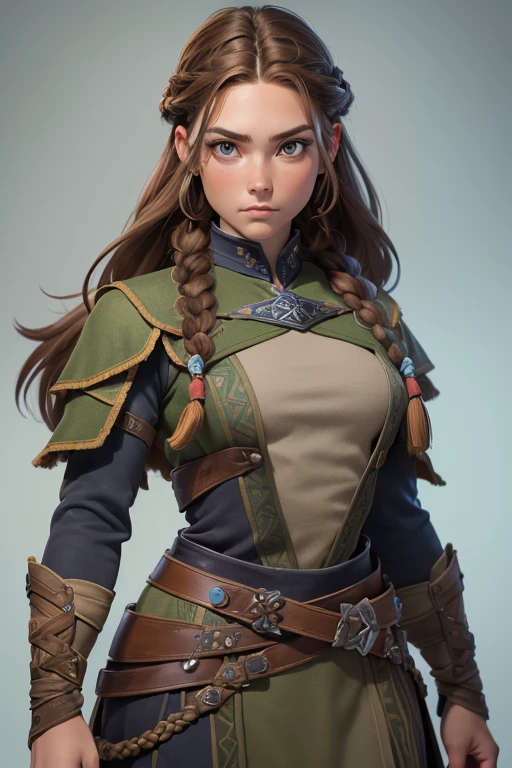 (Obra maestra, La mejor calidad) (young warrior woman of nordic descent), (ojos verdes), (Muscular), (falda de piel), (brown hair color),(loose hair with small braids on the scalp), (top con correa de cuero) plumas, capa sobre el hombro, bufas, (azul, gray and brown suit).