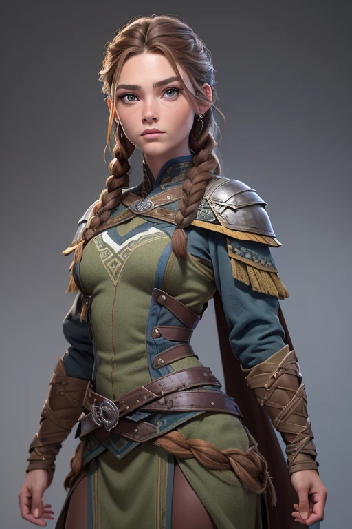 (Obra maestra, La mejor calidad) (young warrior woman of nordic descent), (ojos verdes), (Muscular), (falda de piel), (brown hair color),(loose hair with small braids on the scalp), (top con correa de cuero) plumas, capa sobre el hombro, bufas, (azul, gray and brown suit).