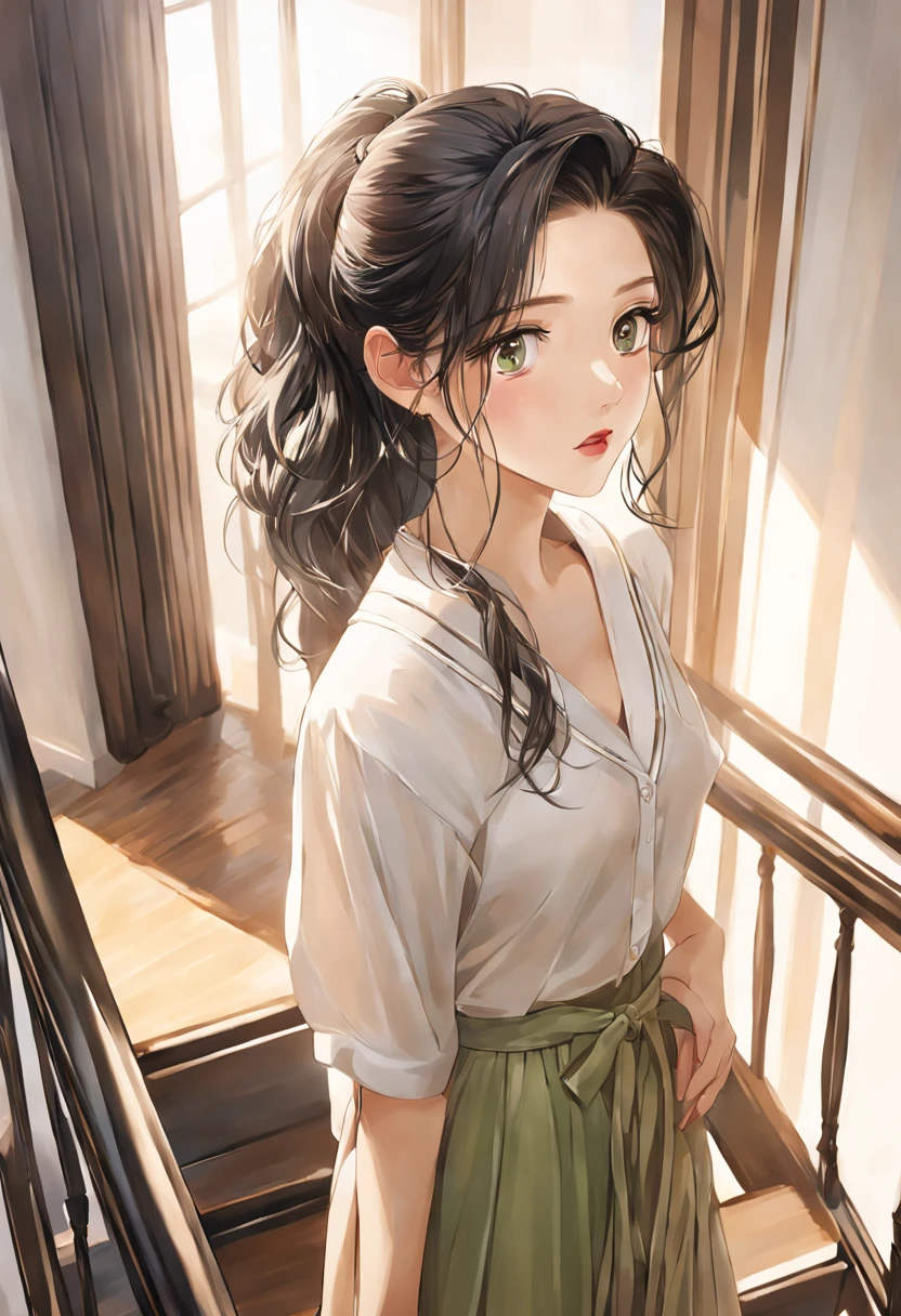 Masterpiece, best quality, 16k, realistic, a 20 year old young woman standing on the stairs, home, open lips, speaking, white temperament brand clothes, eye details, anime style, ,Black hair, Green eyes，，Korean luxurious room, harmonious colors, soft light