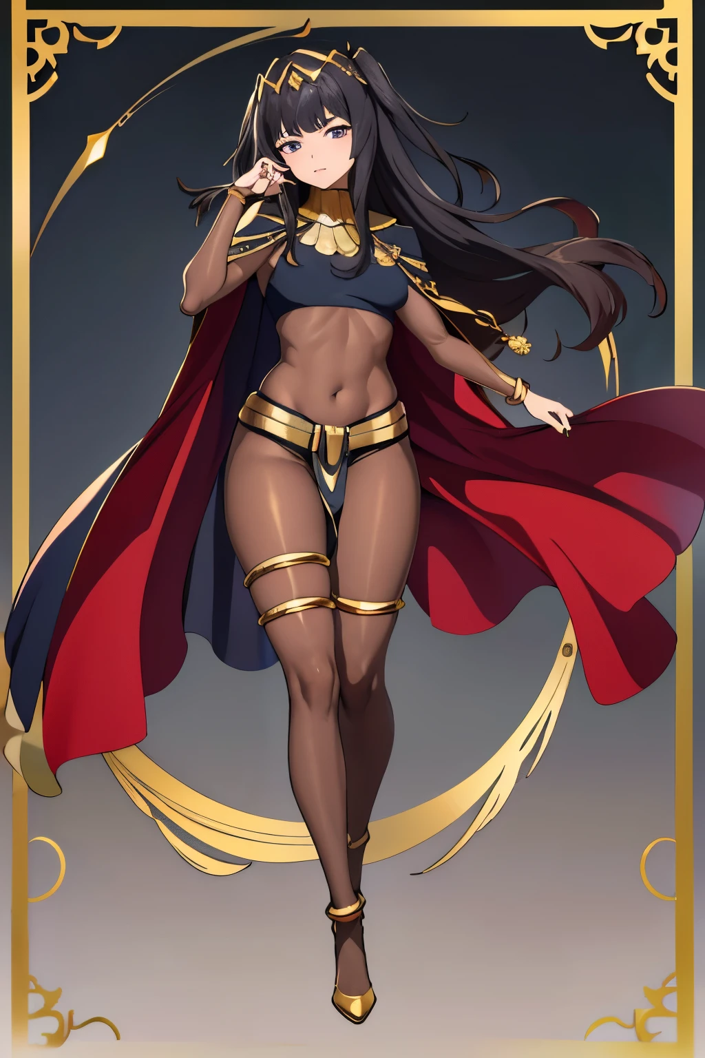 (the golden ratio,masutepiece, of the highest quality, Best Quality, Beautiful and aesthetic:1.2), ighly detailed, Colorful,highest details, (Adults,age19,1girl in, Solo, Body stocking has gold lining, Gold collar, Gold loincloth, Hair Ornament, Cape, high-heels,Black full-body stockings, Black full-body stockings, Black full-body stockings, thighs thighs thighs thighs,  TharjaV4, 1girl, solo, 