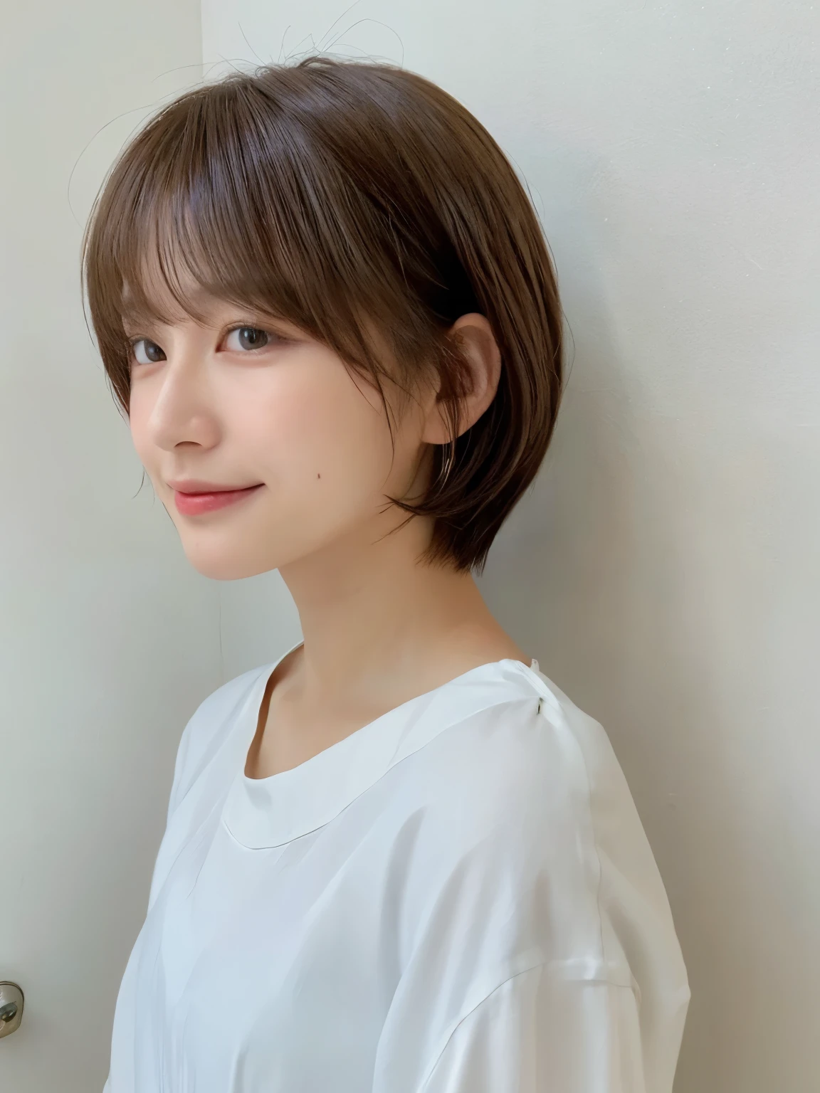 (highest quality、8K、32K、masterpiece、nffsw:1.2)、photo of cute japanese woman、very short bobbed hair、Upper body、necklace、shot from above、don't look at the audience、(realistic、Photoreal:1.37)、1 girl、Shot in natural light、Physically based rendering、excellent image quality、High resolution、1080P、(Detailed facial description)、(detailed description of hands)、(Detailed CG)、rich details、(exquisite features)、(best image quality)、(masterpiece)、(detailed eye)、delicate clavicle、Versatile poses、profile、white wall、Taken in front of the white door、(窓のあるwhite wallの部屋)、earrings、laughter、Spring clothes、 shortcut、short hair、((white blouse))、((highlight hair))、((put mesh in hair))