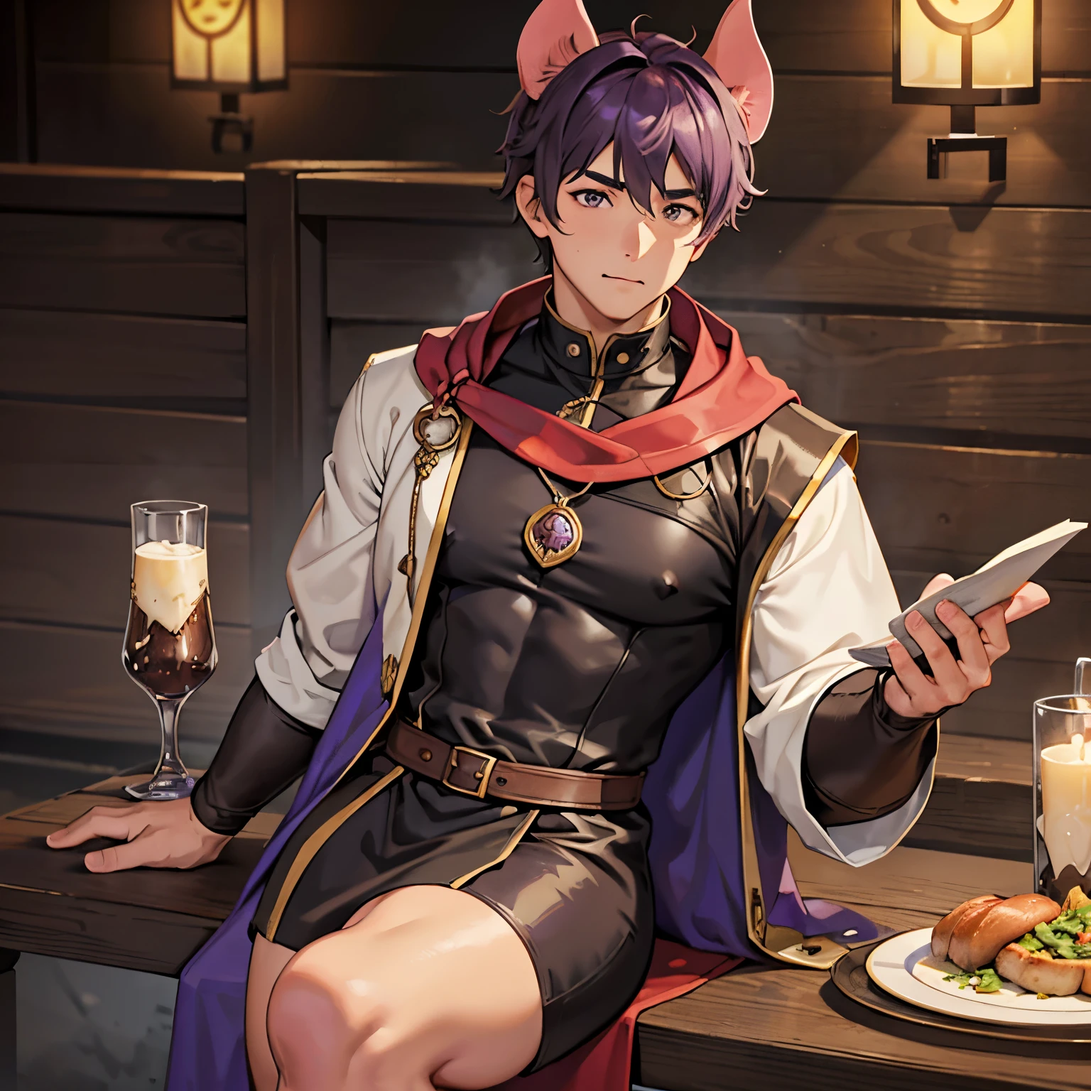1 boy, ((Pig ears)), light brown eyes, dark purple hair, short hair, ((very thick thighs)), ((wearing a mage's outfit )), sitting at a table with food