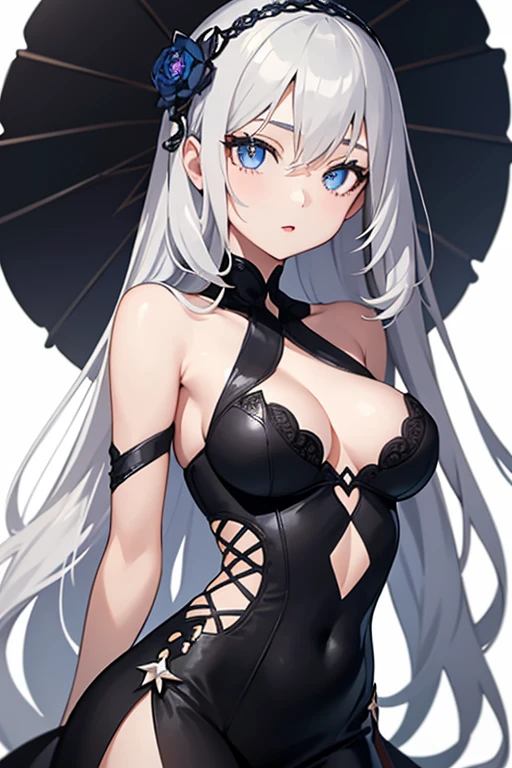 1girl, anime, cute girl, blank background, white background, fantasy, detailed dark fantasy dress with highlights, beautiful face, beautiful eyes, dark colors, silver hair, slightly small breasts, slight cleavage, beautiful skin, cute, breast curtains, extremely delicate and beautiful, (beautiful detailed face:1.0), (detailed deep eyes), symmetrical breasts, deep eyes, shiny skin, portrait, slender waist, hips wider than shoulders, thighs, young girl, expressionless, luminous eyes