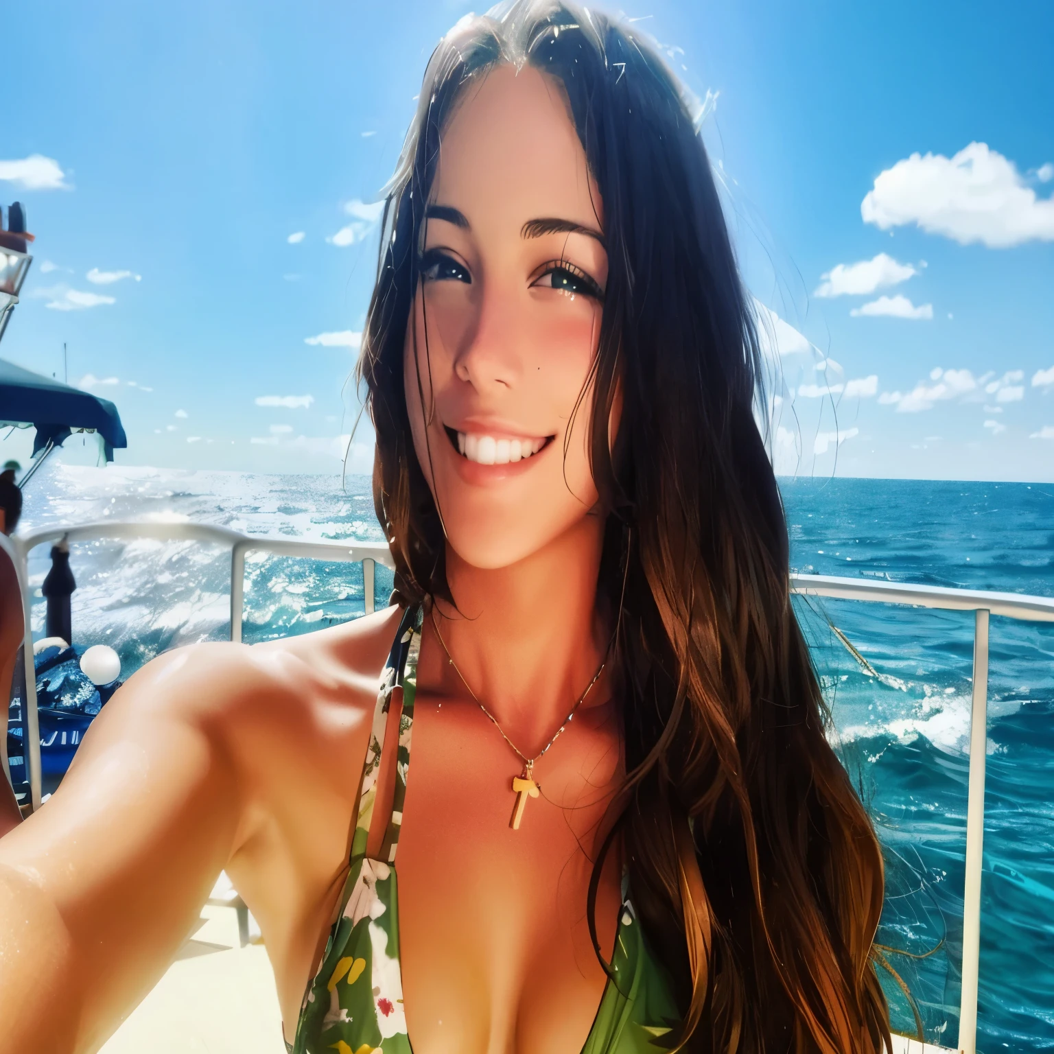 smiling woman in a green bikini on a boat in the ocean, on a boat, 30-year-old woman from cuba, kailee mandel, 3 0 years old woman, 30 years old woman, profile image, kaitlyn michelle siragusa, sarah shahi, inspired by Amy Weber, tiffany dover, on the ocean,