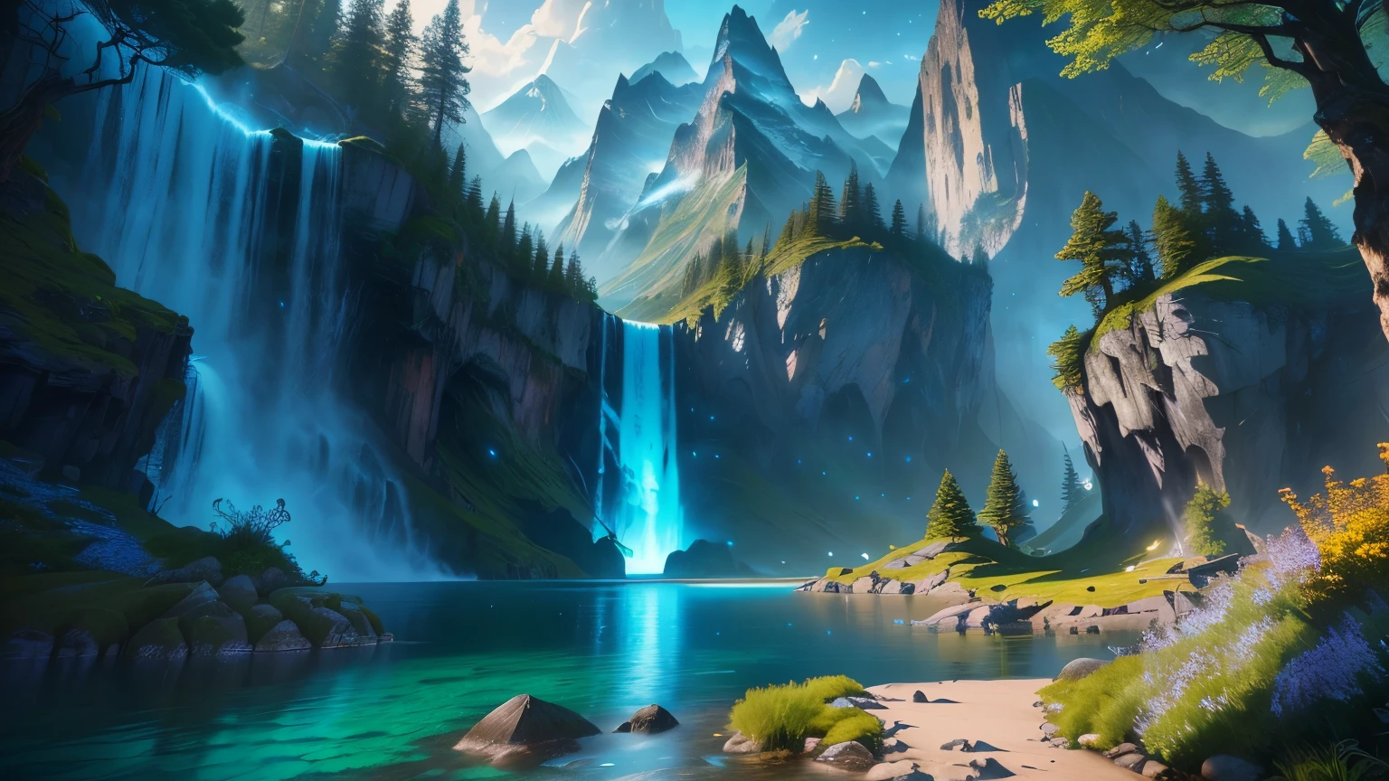 a view of a waterfall with a mountain in the background, fantasy style 8 k octane render, epic dreamlike fantasy landscape, impressive fantasy landscape, lush alien landscape, 8 k landscape render, unreal engine fantasy art, fantasy magical vegetation, 3d rendered matte painting, realistic fantasy render, beautiful render of a landscape, avatar landscape, fantasy overgrown world, beautiful land, High resolution, Hyper Resolution, HD, Glistening, Bioluminescent, Cinematic, Studio, Ray Tracing, extremely detailed, insanely detailed, Mythical scenery, beautiful tree's, Colorful flowers, Water flowing, beautiful fox running around, birds flying around, particles