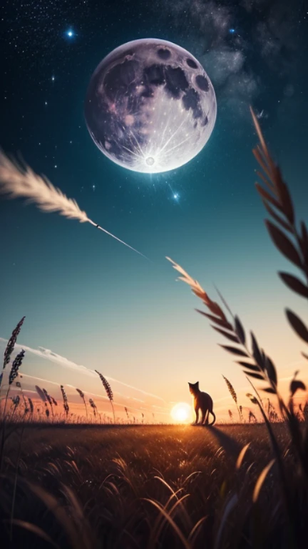 vast night landscape photography、(seen from below, The sky is above、The open field is below)、Pampas grass field、A lot of fluff is flying、(big full moon in the center: 1.2)、BREAK (Silhouette of a very small cat in the center of the horizon)、BREAK (masterpiece: 1.2)、(highest quality)、(dynamic composition: 1.4)、