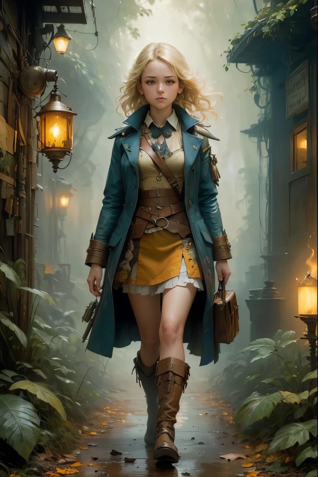 art by Mandy Disher, digital art 8k, Jean-Baptiste Monge style, art by cameron gray, mail art, cuteness overload, Northern Renaissance, tempera on old worn canvas, fairytale, symbolism, dynamic poster, ((a beautiful blonde girl walking forwards)), wearing an extra short miniskirt, lots of thigh visible, foggy night, autumnal, complex background, meticulously detailed tempera portrait, detailed jungle landscape complementary colors, insanelly detailled, volumetrics clouds, stardust, 8k resolution, watercolor, razumov style. art by Razumov and Volegov, art by Carne Griffiths and Wadim Kashin rutkowski repin artstation hyperrealism painting, 4 k resolution blade runner, sharp focus, emitting diodes, smoke, artillery,sparks,racks,system unit,motherboard, by pascal blanche rutkowski repin artstation hyperrealism painting concept art of detailed character design matte painting, 4 k resolution , in the style of esao andrews,aesthetic portrait,HZ Steampunk