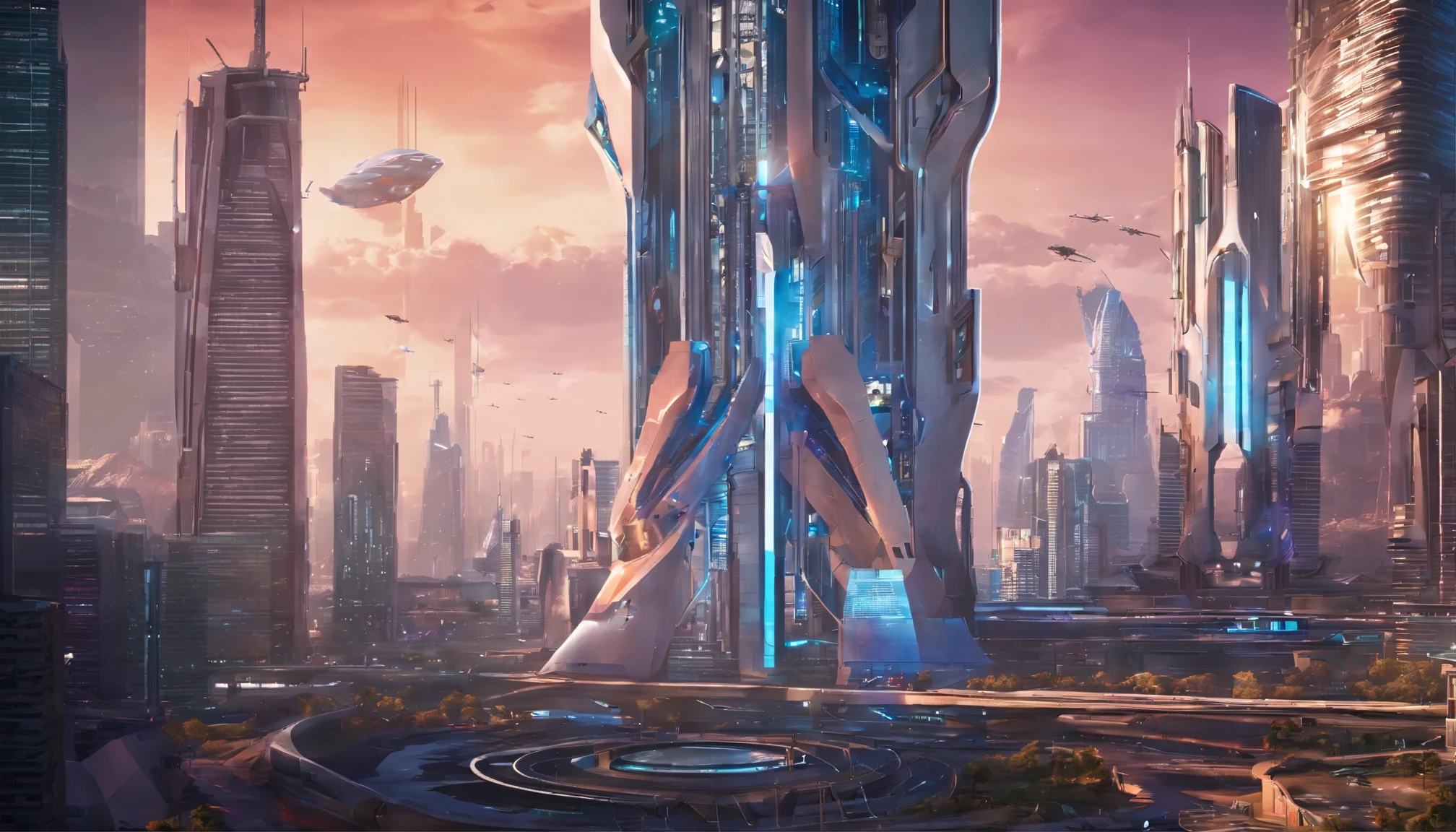 A sprawling, advanced city with futuristic skyscrapers, neon lights, and flying vehicles. unreal engine, hyper real, octane render --q 2 --v 5.2 --ar 16:9