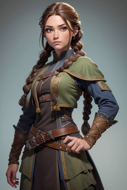 (Obra maestra, La mejor calidad) (young warrior woman of nordic descent), (ojos verdes), (Muscular), (falda de piel), (brown hair color),(loose hair with small braids on the scalp), (top con correa de cuero) plumas, capa sobre el hombro, bufas, (azul, gray and brown suit).