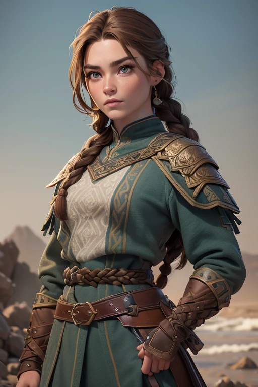 (Obra maestra, La mejor calidad) (young warrior woman of nordic descent), (ojos verdes), (Muscular), (falda de piel), (brown hair color),(loose hair with small braids on the scalp), (top con correa de cuero) plumas, capa sobre el hombro, bufas, (azul, gray and brown suit).