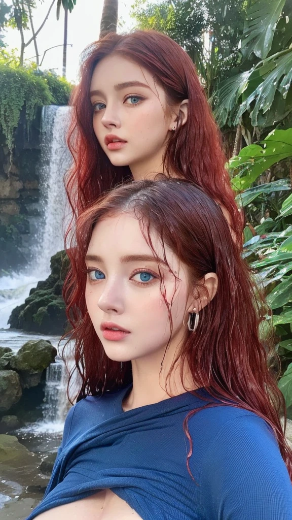 4 miniature Beautiful handsome woman, ((top quality, 8k, masterpiece:1.retty woman, 1woman, huge breasts:1.3, slender figure:1.1, elastic red long hair, (shower, wet body, wet clothes:1.1), very detailed face, detailed lips, detailed eyes, double eyelids, detailed blue eyes, extremely detailed outstanding blue eyes, red wet hair, red wet hair, detailed outstanding BLUE EYES, innocent stare at the viewer, extremely wet wavy red hair, detailed outstanding BLUE EYES, raining outside, huge earrings, Oasis, Waterfall, naked breasts