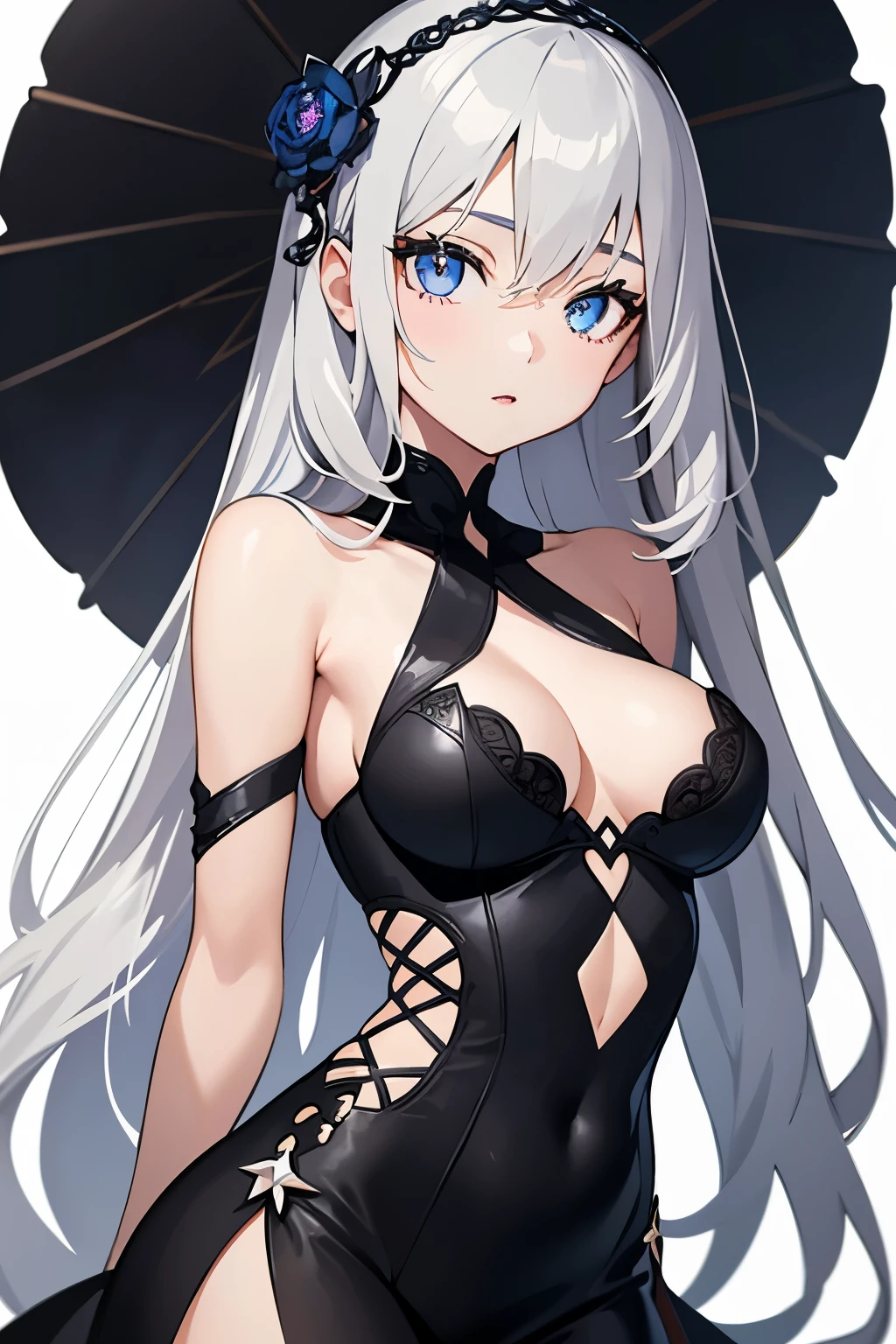 1girl, anime, cute girl, blank background, white background, fantasy, detailed dark fantasy dress with highlights, beautiful face, beautiful eyes, dark colors, silver hair, slightly small breasts, slight cleavage, beautiful skin, cute, breast curtains, extremely delicate and beautiful, (beautiful detailed face:1.0), (detailed deep eyes), symmetrical breasts, deep eyes, shiny skin, portrait, slender waist, hips wider than shoulders, thighs, young girl, expressionless, luminous eyes