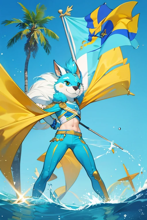 Bahamas mascot using the flag color light aquamarine, gold and blue ; glitter