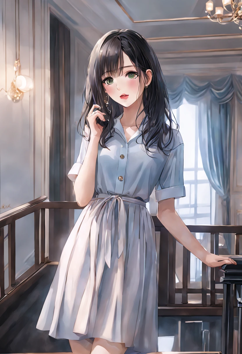 Masterpiece, best quality, 16k, realistic, a 20 year old young woman standing on the stairs, home, open lips, speaking, white temperament brand clothes, eye details, anime style, ,Black hair, Green eyes，，Korean luxurious room, harmonious colors, soft light