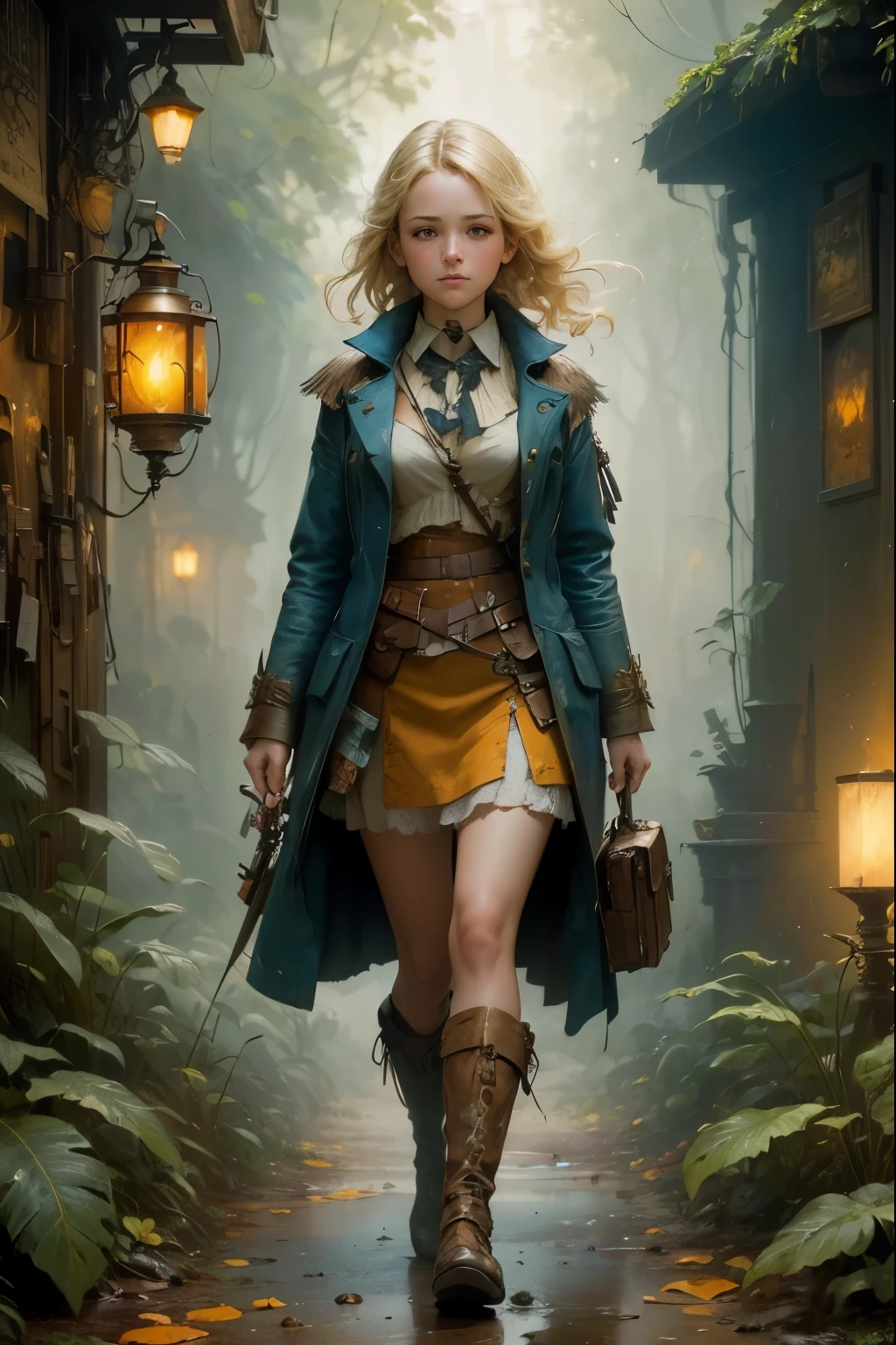 art by Mandy Disher, digital art 8k, Jean-Baptiste Monge style, art by cameron gray, mail art, cuteness overload, Northern Renaissance, tempera on old worn canvas, fairytale, symbolism, dynamic poster, ((a beautiful 12yr old blonde girl walking forwards)), wearing an extra short miniskirt, lots of thigh visible, foggy night, autumnal, complex background, meticulously detailed tempera portrait, detailed jungle landscape complementary colors, insanelly detailled, volumetrics clouds, stardust, 8k resolution, watercolor, razumov style. art by Razumov and Volegov, art by Carne Griffiths and Wadim Kashin rutkowski repin artstation hyperrealism painting, 4 k resolution blade runner, sharp focus, emitting diodes, smoke, artillery,sparks,racks,system unit,motherboard, by pascal blanche rutkowski repin artstation hyperrealism painting concept art of detailed character design matte painting, 4 k resolution , in the style of esao andrews,aesthetic portrait,HZ Steampunk