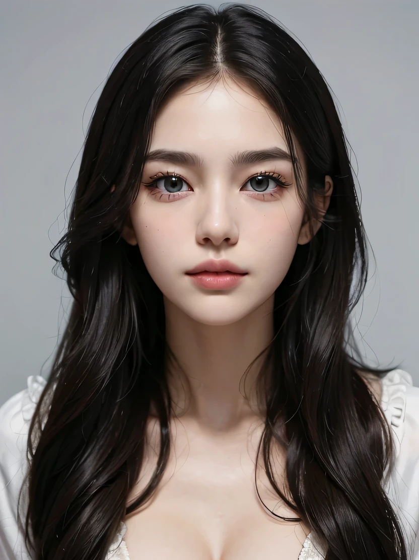 ((masterpiece、highest quality、realistic、Super detailed、High resolution、Photoreal、sharp focus、cinematic lighting))、Stunning portrait of a beautiful woman、cowboy shot、high color saturation、high contrast、With an oval face and symmetrical facial structure、Big eyes、Khazar eye color、almond shaped eyes、Straight and balanced nose、Soft wavy black hair、heart-shaped lip、Perfect eyebrows、perfect ears、soft skin、pale white skin、Raise your chin slightly、closed your mouth、slight smile 、plain background、focus from the chest up