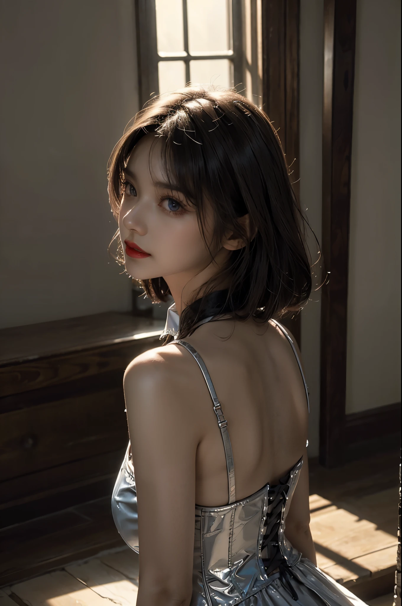 ((Above picture))、(Great sense of reality:1.2)、8k ultra high definition、high resolution、(1 girl in)、in my 20s、(Looking at the view)、(A black-haired one), (Berry short hair)、(patterson bangs)、((Looking thoughtful))、(High quality shadows)、Beautiful and delicate face with details、Beautiful and delicate eyes with details、beautiful kpop girl、(Korean Urzan face)、(Urzan-6500-v1.1:0.6)、pure face_v1、glowing eyes、Perfect body、 Incredible dynamic range photography(UTIL_Painting by Smoose-768:1.1), Teak、bright red lipstick、glossy lips、(collar)、((brown eyes))、((beautiful fingers))、 (silver accessories)、shiny hair、Describe beautiful and fine hair、(shiny skin)、(Black sheer dress)、(corset)、(night)、(Dim concrete ruins)、(The room is surrounded by large windows)、(A ray of light shines from the skylight)、Girl staring at the light、(huge breasts)