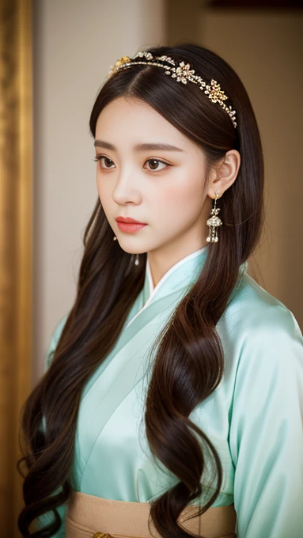 beautiful girl，Hanfu，Apricot eyes peach cheeks，Long hair and waist，Slim and graceful，Indifferent light makeup，Jade bone ice muscle，hair accessories，Full screen，palace，Highest quality