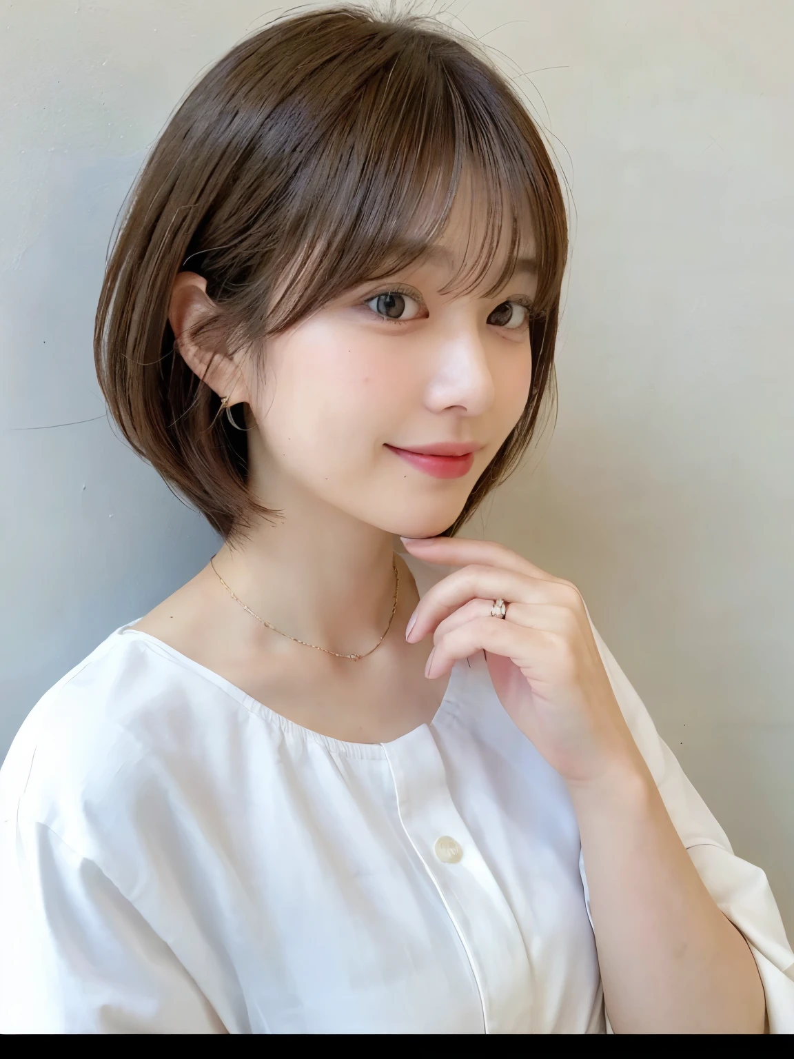 (highest quality、8K、32K、masterpiece、nffsw:1.2)、photo of cute japanese woman、very short bobbed hair、Upper body、necklace、shot from above、don't look at the audience、(realistic、Photoreal:1.37)、1 girl、Shot in natural light、Physically based rendering、excellent image quality、High resolution、1080P、(Detailed facial description)、(detailed description of hands)、(Detailed CG)、rich details、(exquisite features)、(best image quality)、(masterpiece)、(detailed eye)、delicate clavicle、Versatile poses、profile、white wall、Taken in front of the white door、(窓のあるwhite wallの部屋)、earrings、laughter、Spring clothes、 shortcut、short hair、((white blouse))、((highlight hair))、((put mesh in hair))、A mix of light and dark hair