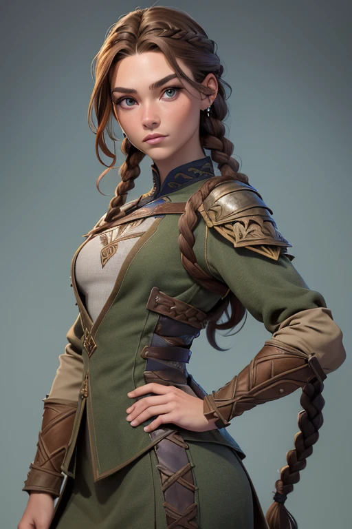 (Obra maestra, La mejor calidad) (young warrior woman of nordic descent), (ojos verdes), (Muscular), (falda de piel), (brown hair color),(loose hair with small braids on the scalp), (top con correa de cuero) plumas, capa sobre el hombro, bufas, (azul, gray and brown suit).