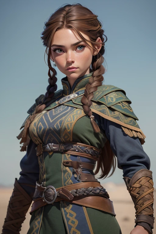 (Obra maestra, La mejor calidad) (young warrior woman of nordic descent), (ojos verdes), (Muscular), (falda de piel), (brown hair color),(loose hair with small braids on the scalp), (top con correa de cuero) plumas, capa sobre el hombro, bufas, (azul, gray and brown suit).