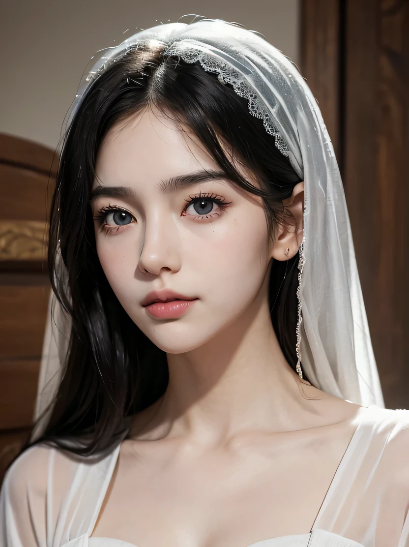 ((masterpiece、highest quality、realistic、Super detailed、High resolution、Photoreal、sharp focus、cinematic lighting))、Stunning portrait of a beautiful woman、cowboy shot、Focus from the waist up、high color saturation、high contrast、With an oval face and symmetrical facial structure、Big eyes、Khazar eye color、almond shaped eyes、Straight and balanced nose、Soft wavy black hair、heart-shaped lip、Perfect eyebrows、perfect ears、soft skin、pale white skin、Raise your chin slightly、closed your mouth、slight smile 、plain background、focus from the chest up