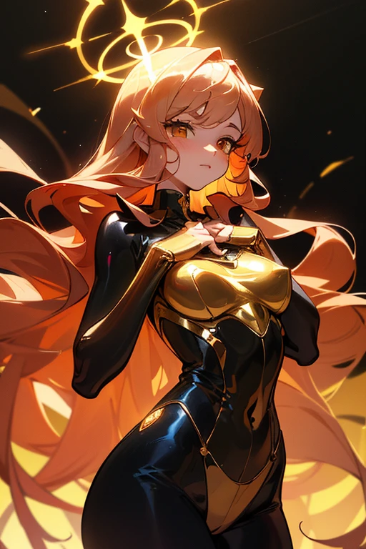 Masterpiece: 1.5, best quality, high resolution: 1.3, super resolution, super detailed, ultra detailed: 1.3, rich background: 1.2, 1 woman)) pale skin + reddish hair + short fluffy curly hair + amber eyes + long eyelashes + feminine body + medium chest + wide hips + thick thighs (wetsuit with spider web designs, spiderwoman inspired suit, has a low chest, a golden spider-shaped orb rests in the middle of her chest, golden halo behind his head, he has halos of golden light on his wrists) ((smiles, raised in the air, city in the background illuminated by lights, golden light from gold halos)) (colors of clothing and accessories: white, gold, navy blue, silver)