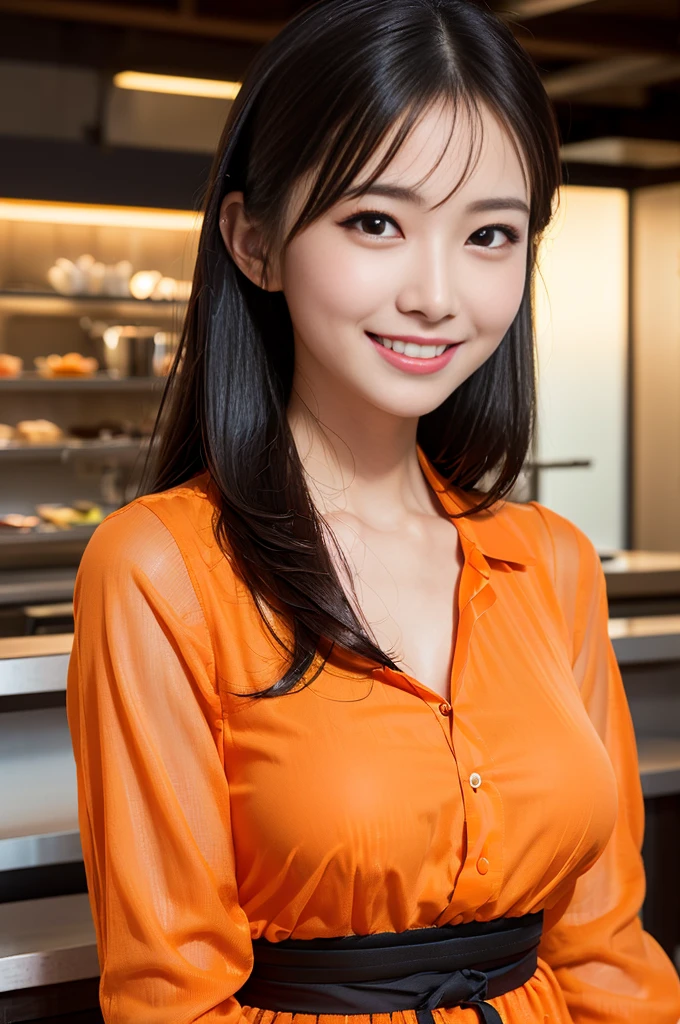 (8K,RAW photo、RAW photo、highest quality、master masterpiece:1.2)、super detailed、super resolution、(Photoreal:1.3)、Angle to shoot from the front、Clearly draw shades of light、High resolution RAW color photos、cinematic dimming、professional photos、Same skin type as humans、Female proofreading of Japan from head to waist、blur the background、I draw it faithfully to the anatomy.、very detailed and beautiful、Super high quality、Delicate beautiful hair,Highly detailed beautiful girl、(((((orange dress shirt))))),((((small and beautiful breasts,Cafe,smile、sexy pose、black hair,medium hair))))