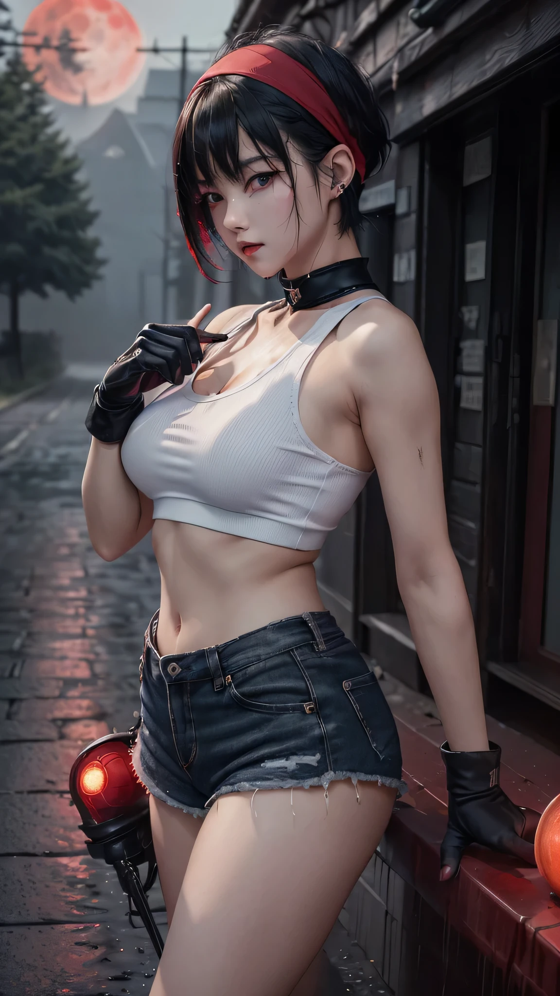 最high quality、best image quality、masterpiece、age girl((18-year-old、 By becoming、vest bust、medium bust,wide open breast tea、black eye, black hair、shortcut、short hair、thin,highest valley、Perforated gloves、Hachimaki、My whole body is full of scars、white tank top、blue shorts、Russia)),high quality、beautiful art、background((Dark road、Red rain、red lighting、Red Moon、bloody road、dark city)),debris flies、Depth of written boundary、movie、visual art、perfect art、8K,genuine