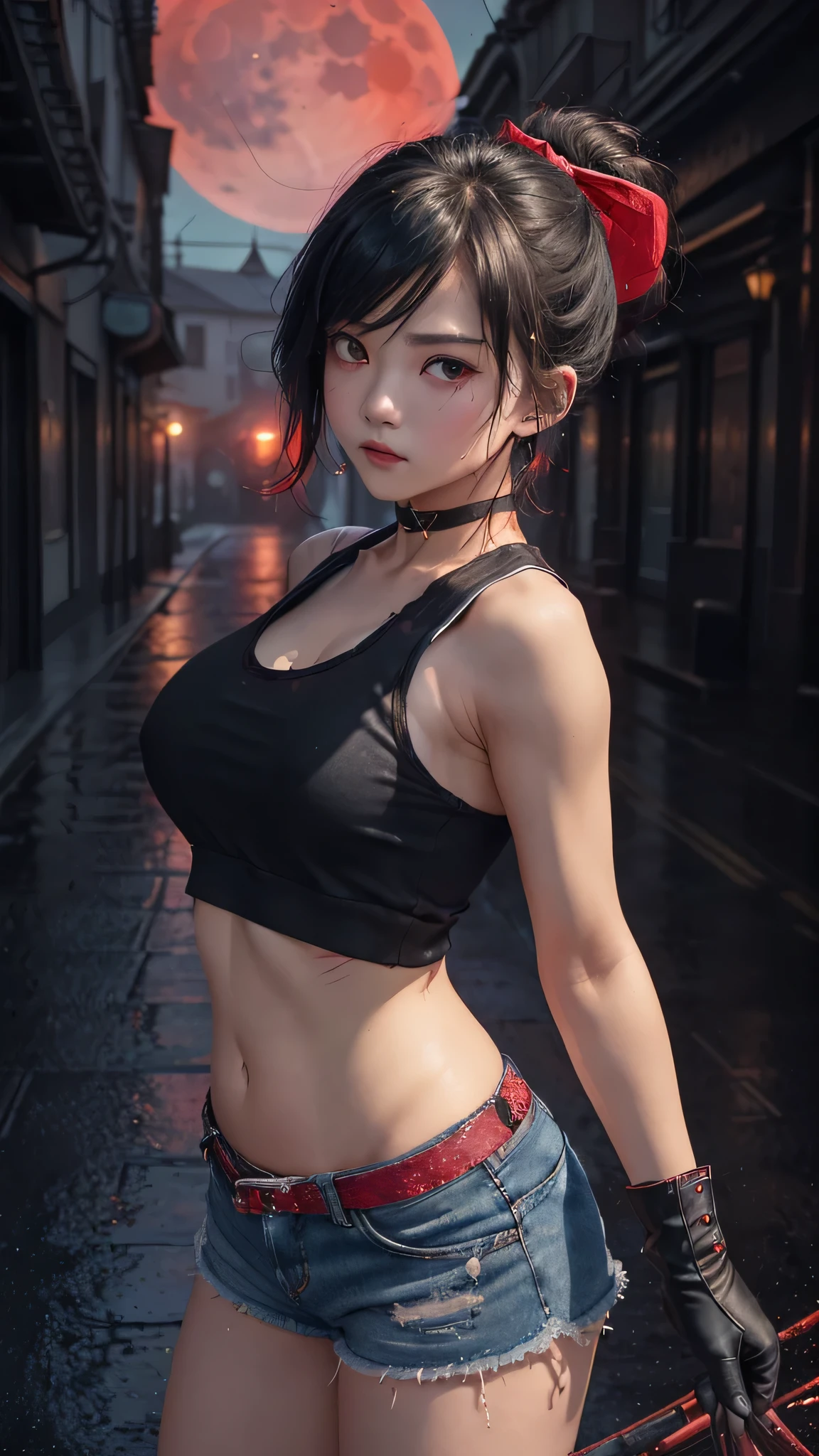 最high quality、best image quality、masterpiece、age girl((18-year-old、 By becoming、vest bust、medium bust,wide open breast tea、black eye, black hair、shortcut、short hair、thin,highest valley、Perforated gloves、Hachimaki、My whole body is full of scars、white tank top、blue shorts、Russia)),high quality、beautiful art、background((Dark road、Red rain、red lighting、Red Moon、bloody road、dark city)),debris flies、Depth of written boundary、movie、visual art、perfect art、8K,genuine