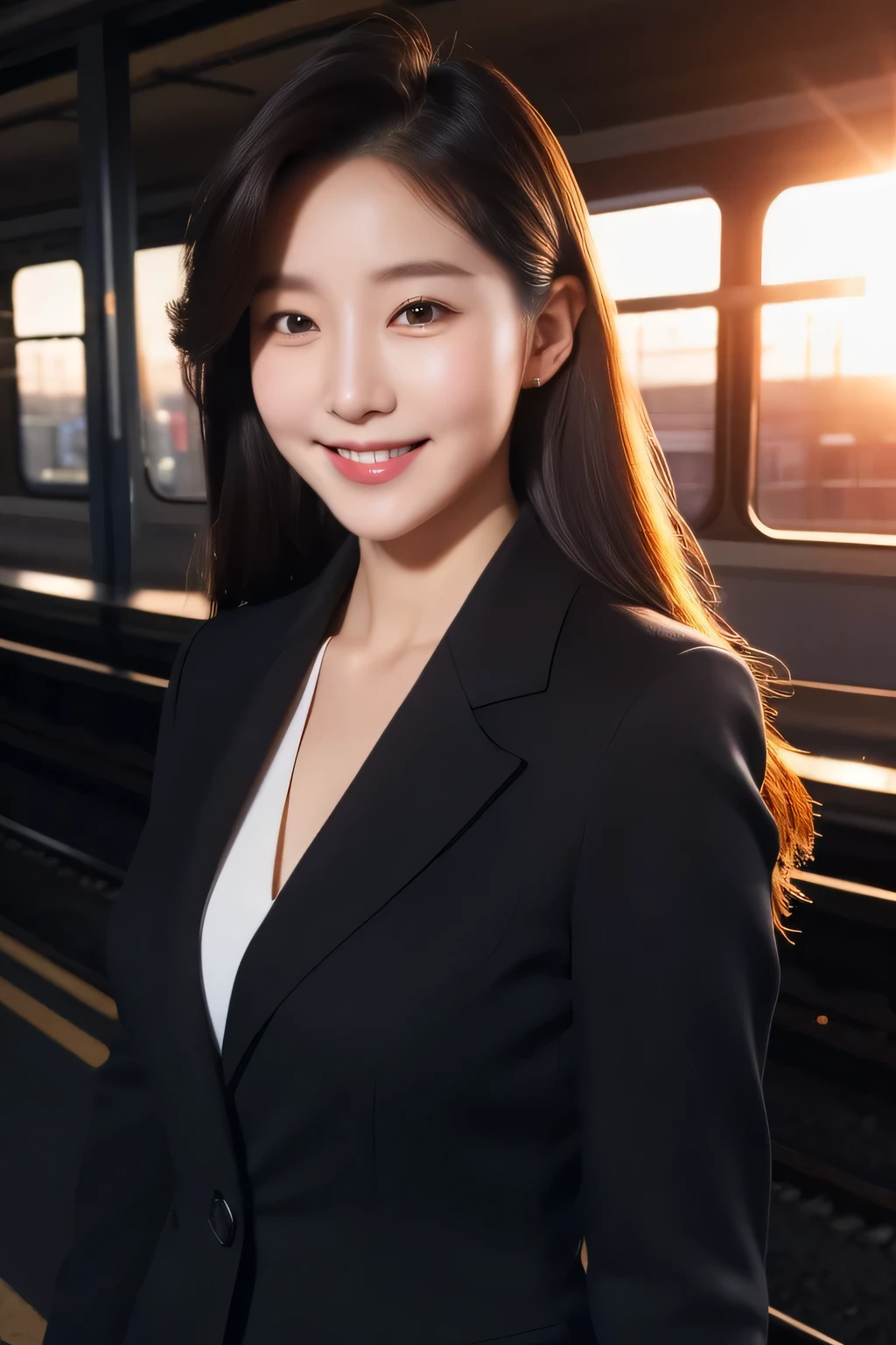Real photos of cute Korean stars, hair behind the ear, white skin, light makeup, chest measurement 32 inches, smile a little, Wearing a black office suit, At the train station, Sunset light, upper body portrait, UHD