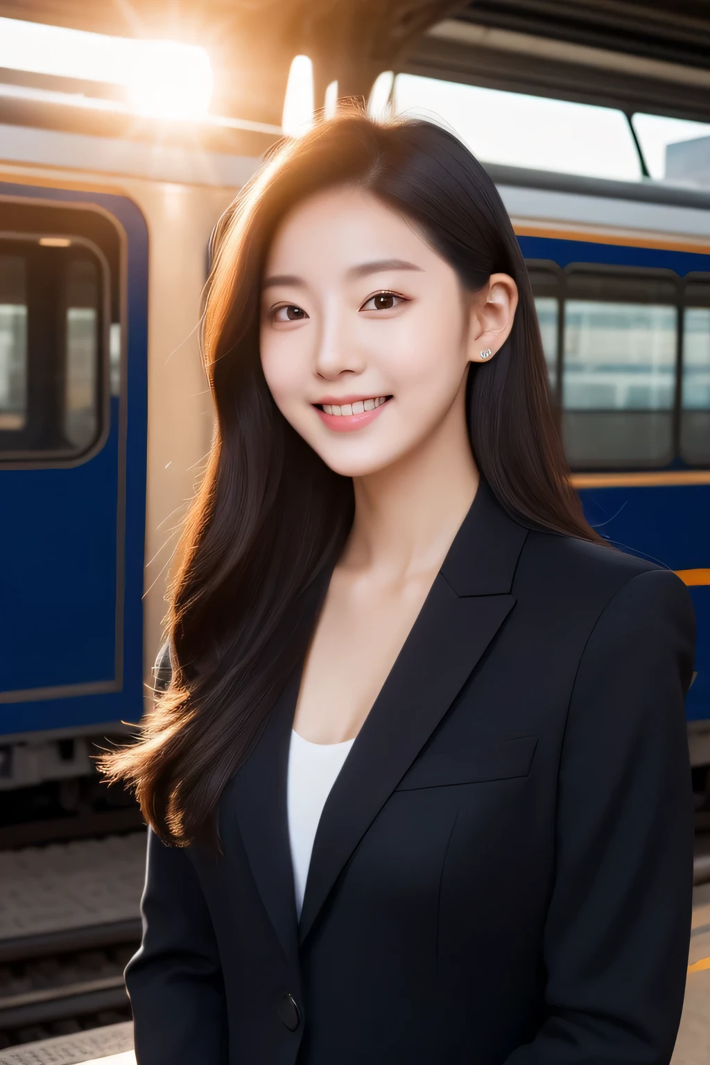 Real photos of cute Korean stars, hair behind the ear, white skin, light makeup, chest measurement 32 inches, smile a little, Wearing a black office suit, At the train station, Sunset light, upper body portrait, UHD