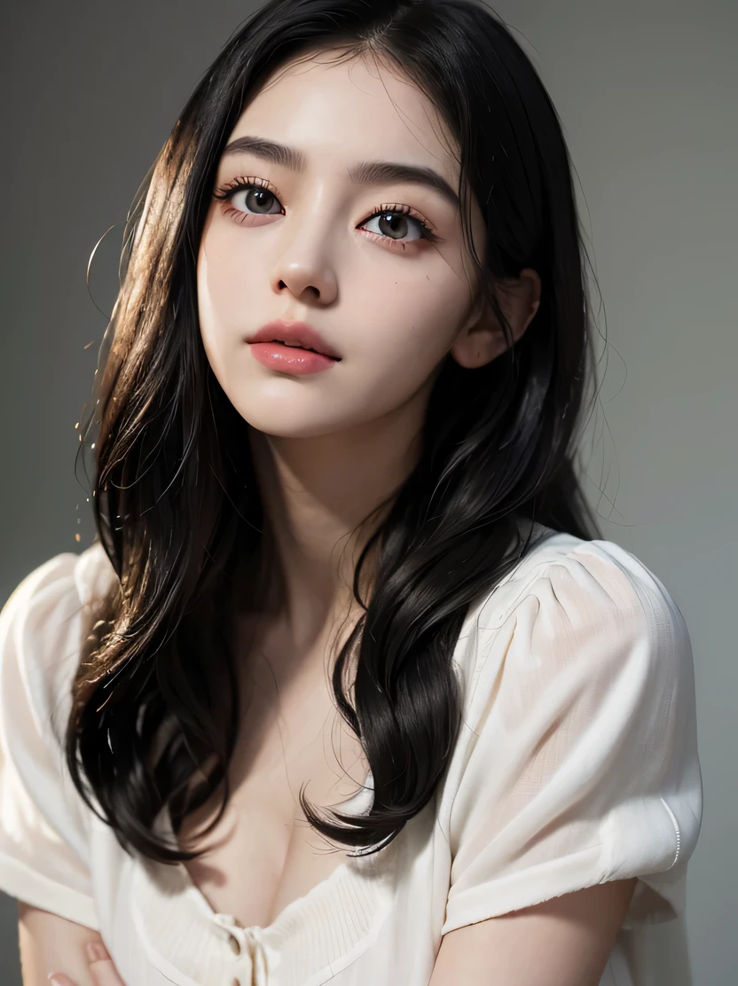 ((masterpiece、highest quality、realistic、Super detailed、High resolution、Photoreal、sharp focus、cinematic lighting))、Stunning portrait of a beautiful woman、cowboy shot、Focus from the waist up、high color saturation、high contrast、With an oval face and symmetrical facial structure、Big eyes、Khazar eye color、almond shaped eyes、Straight and balanced nose、Soft wavy black hair、heart-shaped lip、Perfect eyebrows、perfect ears、soft skin、pale white skin、Raise your chin slightly、closed your mouth、slight smile 、plain background、focus from the chest up
